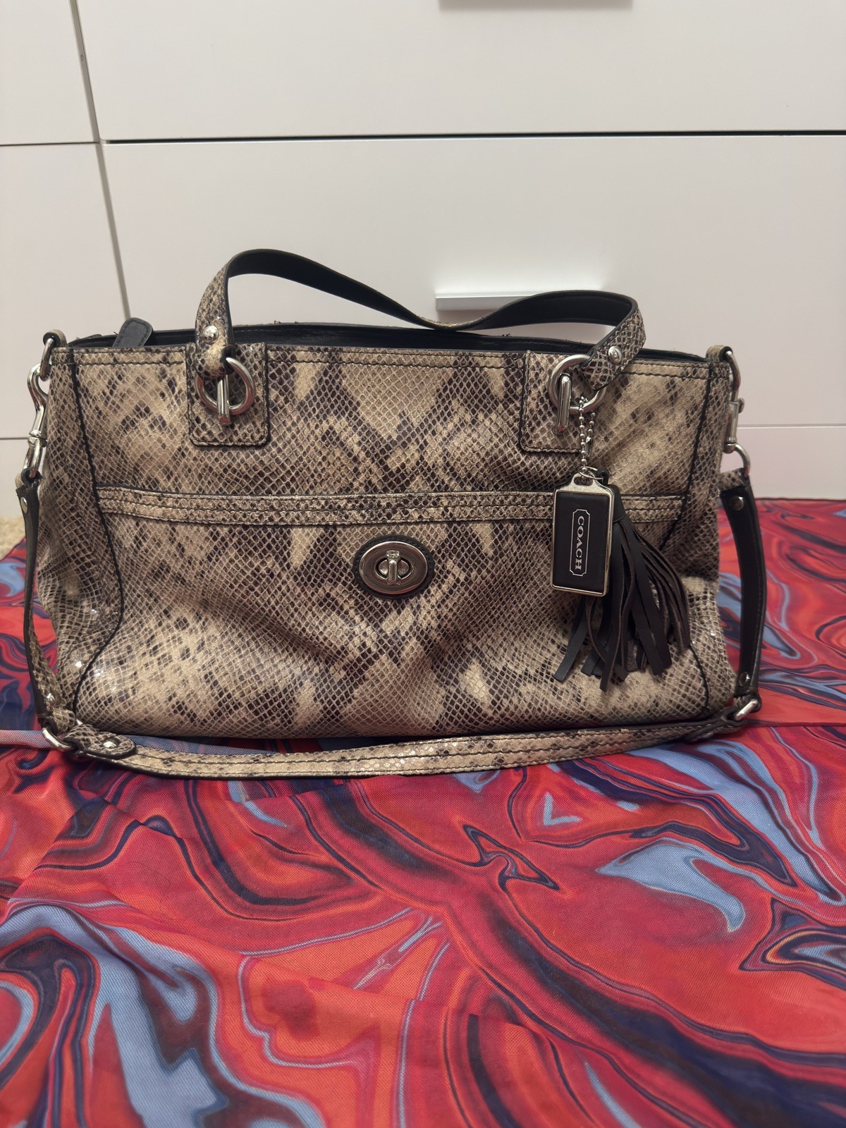 Coach Park Python Embossed Leather Carryall Tote Bag Silver Turnlock F24384