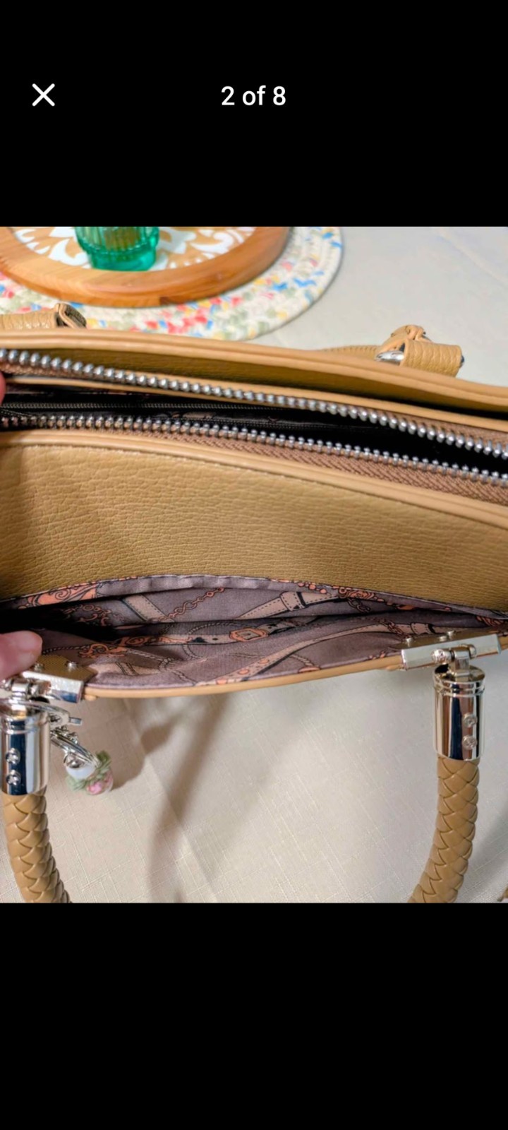 Tan Pebbled Satchel Top Handle Bag Braided Double Handles Zip Detachable Strap