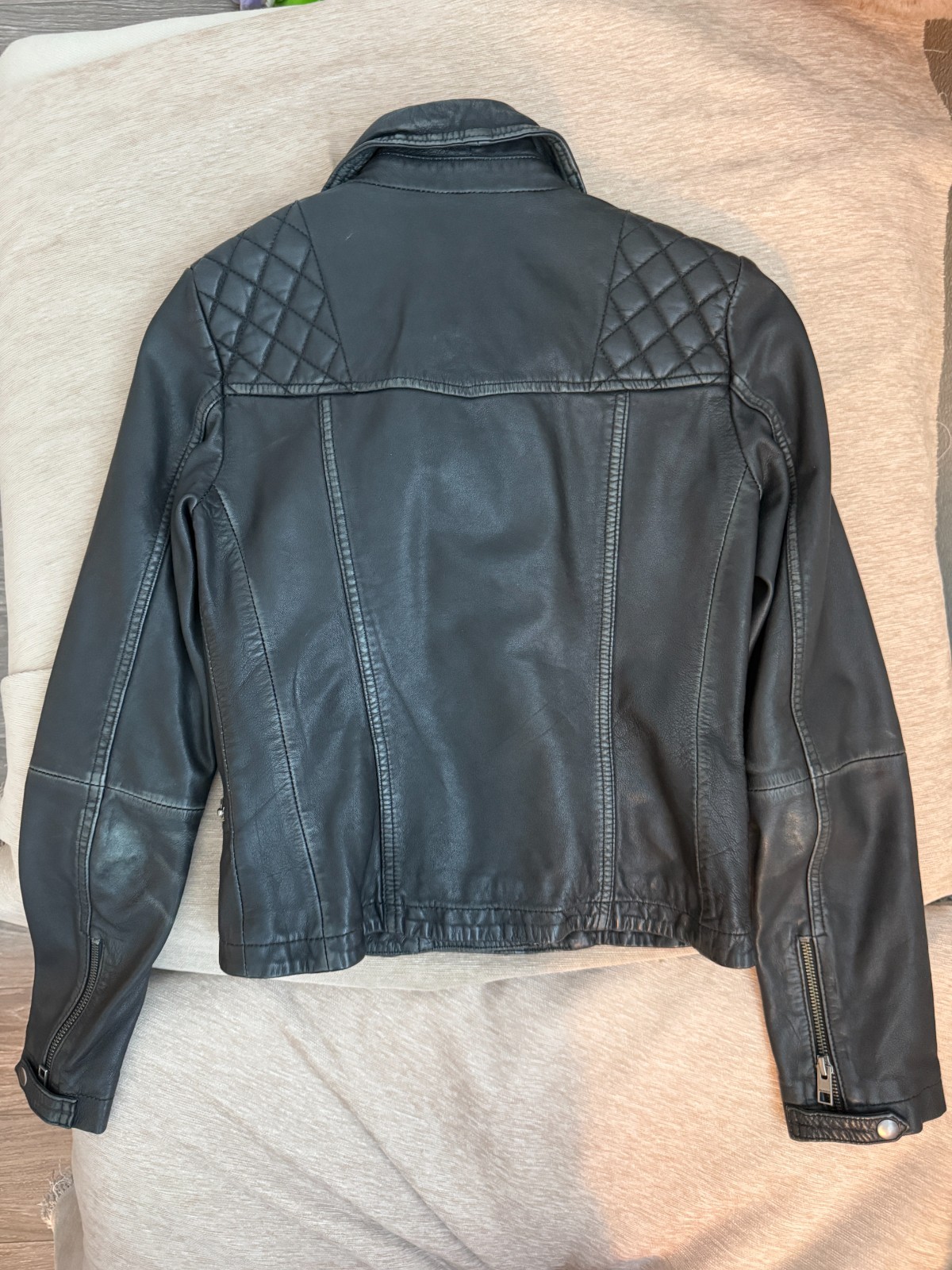 AllSaints Cargo Biker Black Leather Moto Jacket Women US 0 Distressed