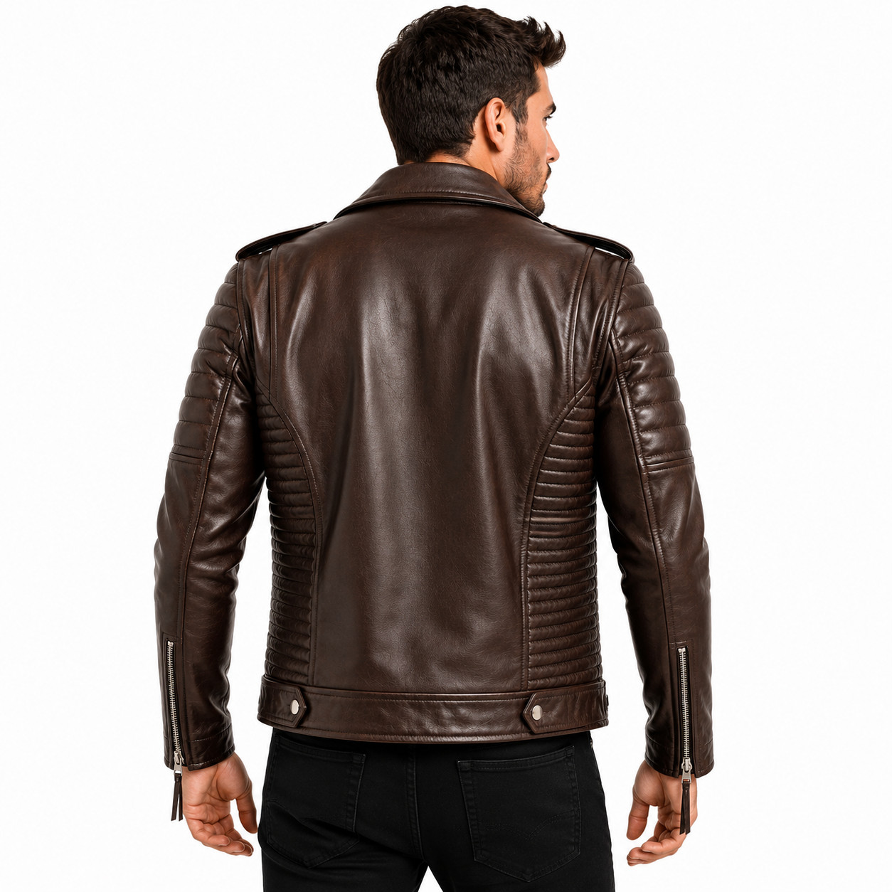 Men’s Dark Brown Real Lambskin Leather Biker Jacket Quilted Motorcycle Moto Coat