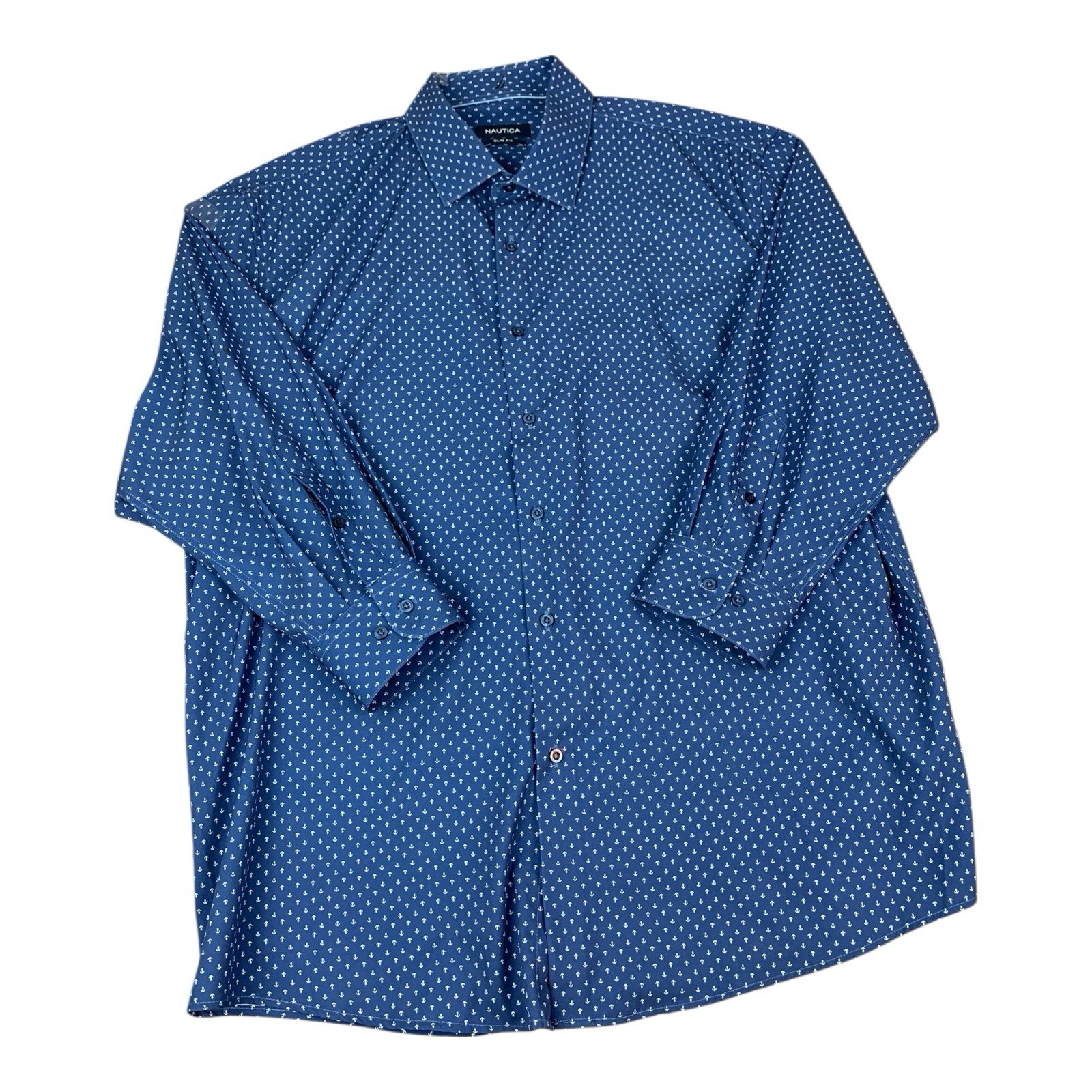 Nautica Slim Fit Men’s Button Up Shirt, Navy Blue, Anchors Print, Size Large
