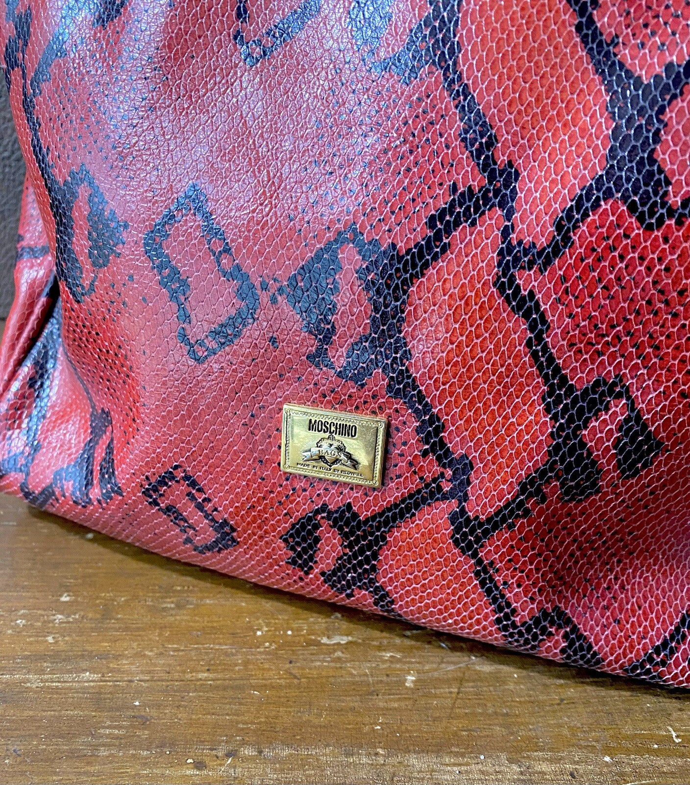 Vintage Moschino Red And Black Boa Snakeskin Handbag Redwall Made in Italy