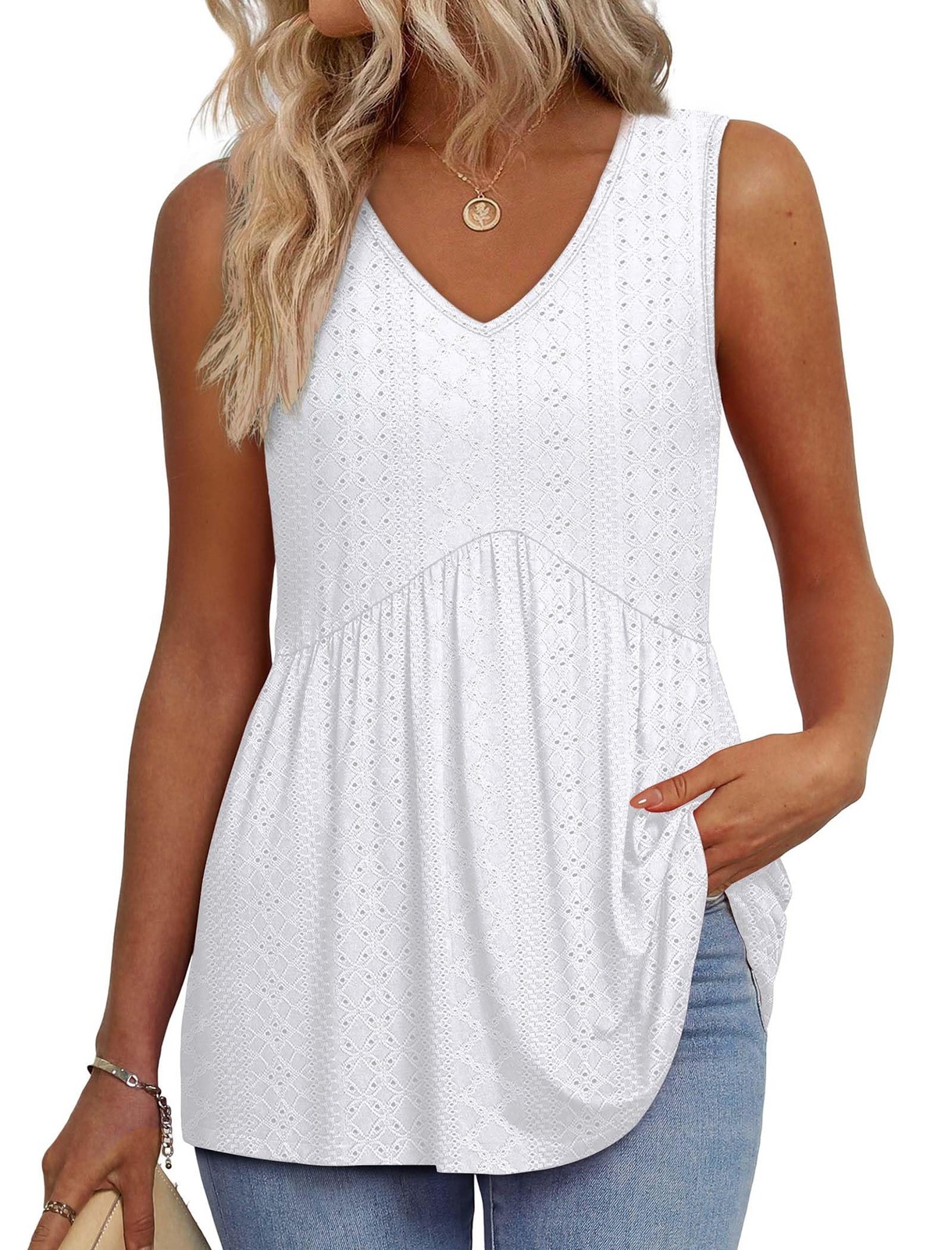Women’s Summer Boho Eyelet Top, Plus Size White Tank, 2XL