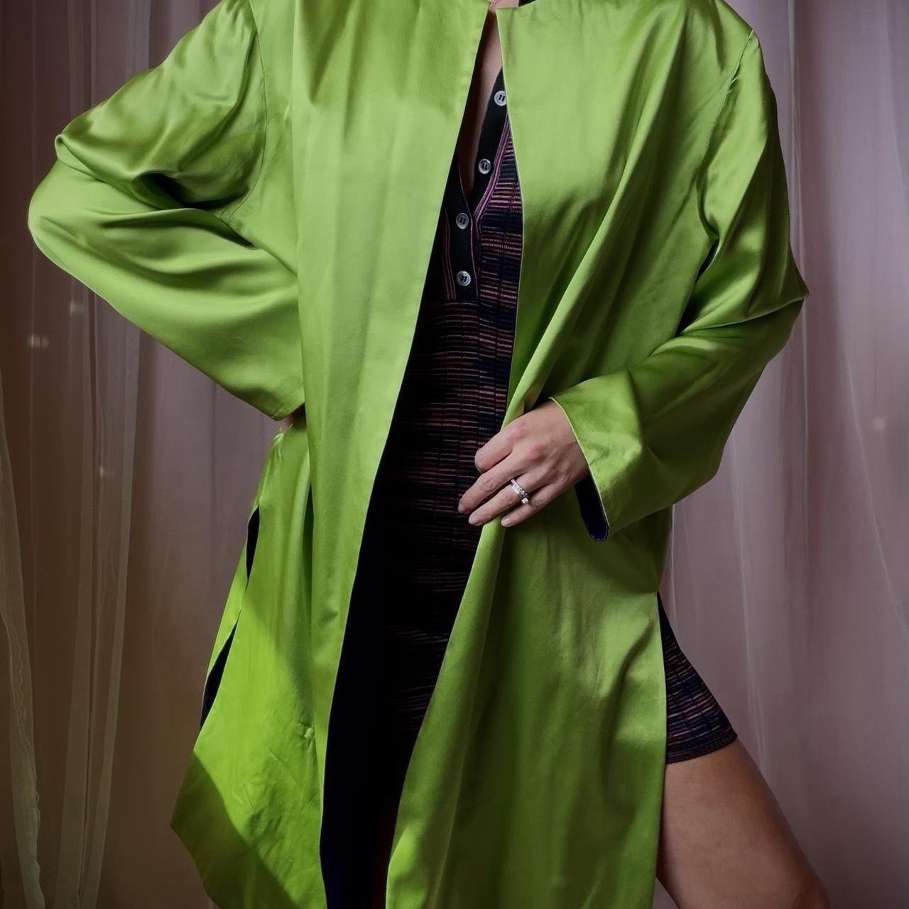 1960s Absinthe Green & Violet Silk Reversible Robe Coat