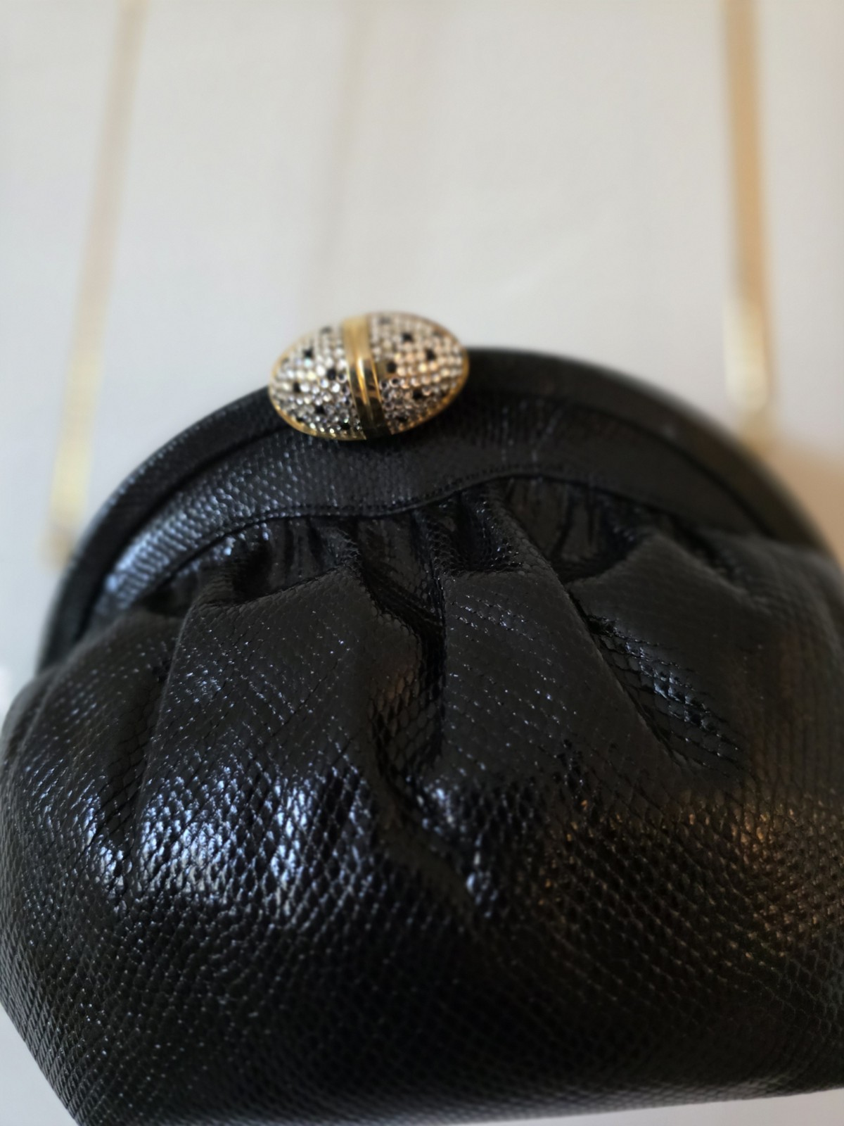 Femme de Mode Black Clutch w/ Gold Chain Shoulder Strap Crystal Clasp Small