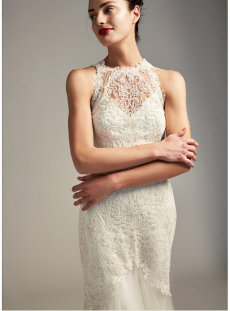 Tadashi Shoji Bridal Janey Lace Halter Mermaid Tulle Ivory Gown Sz 16 $878