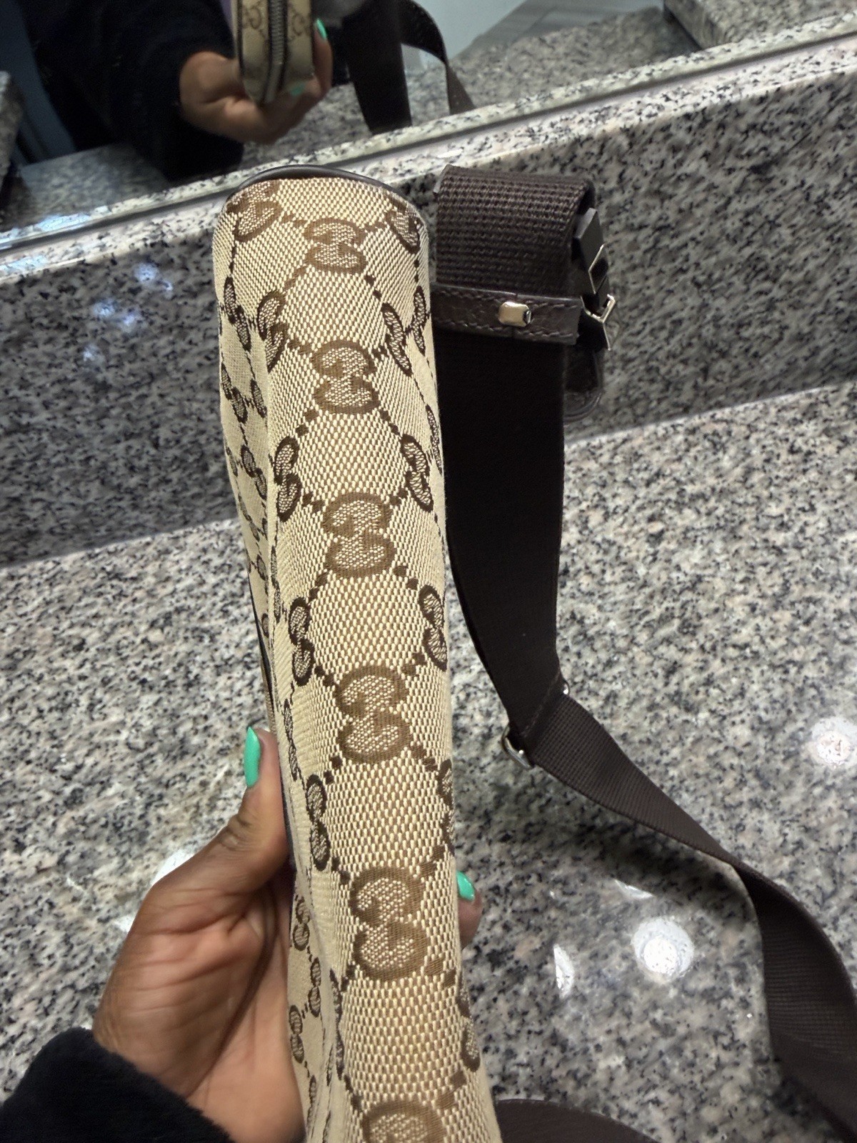 Gucci GG Pattern Beige Brown Crossbody Bag Zip Top Brown Strap Silver Hardware