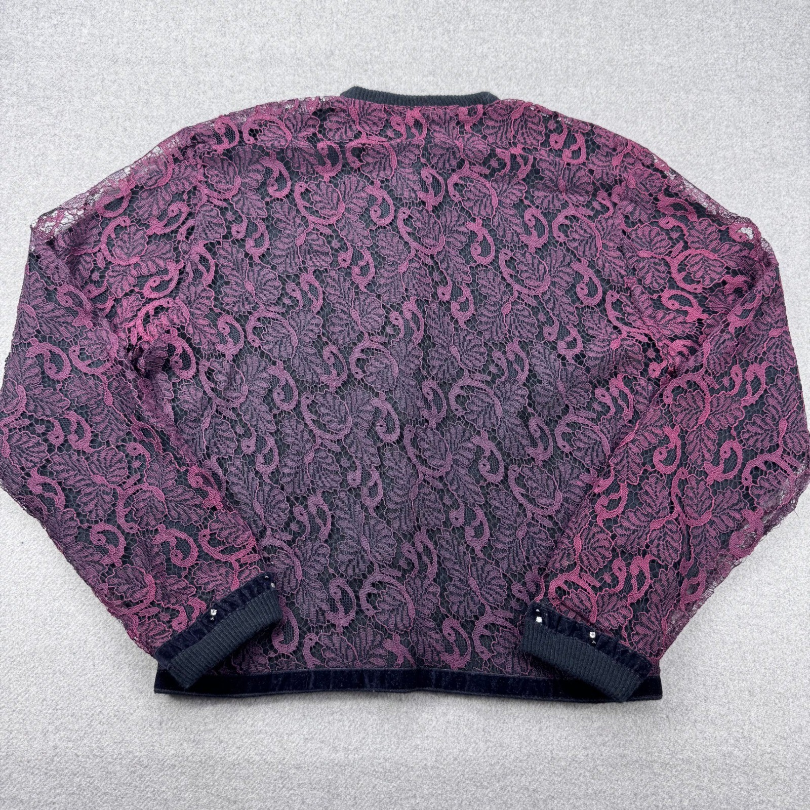 Vintage 50s Lace Overlay Rhinestone Cardigan Sweater Black Purple Orlon Fits XS
