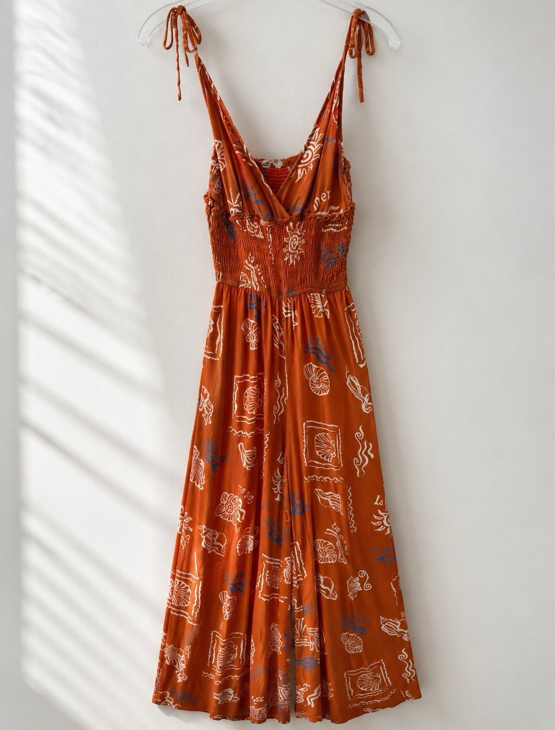 Orange Graphic Print Sundress Women’s M V-Neck Strappy Sleeveless Midi Dress