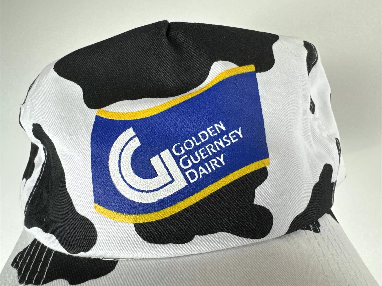 Vtg Golden Guernsey Dairy Cow Pattern Snapback Hat Black White Spotted Cap Y2K