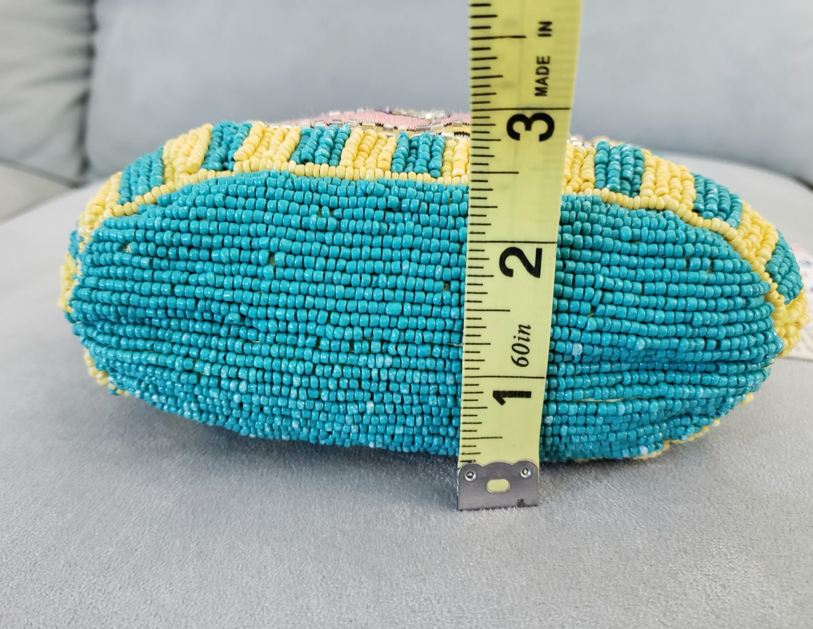 Sardines In A Can Beaded Bag Striped Yellow Teal Pink Fish Handcrafted in India