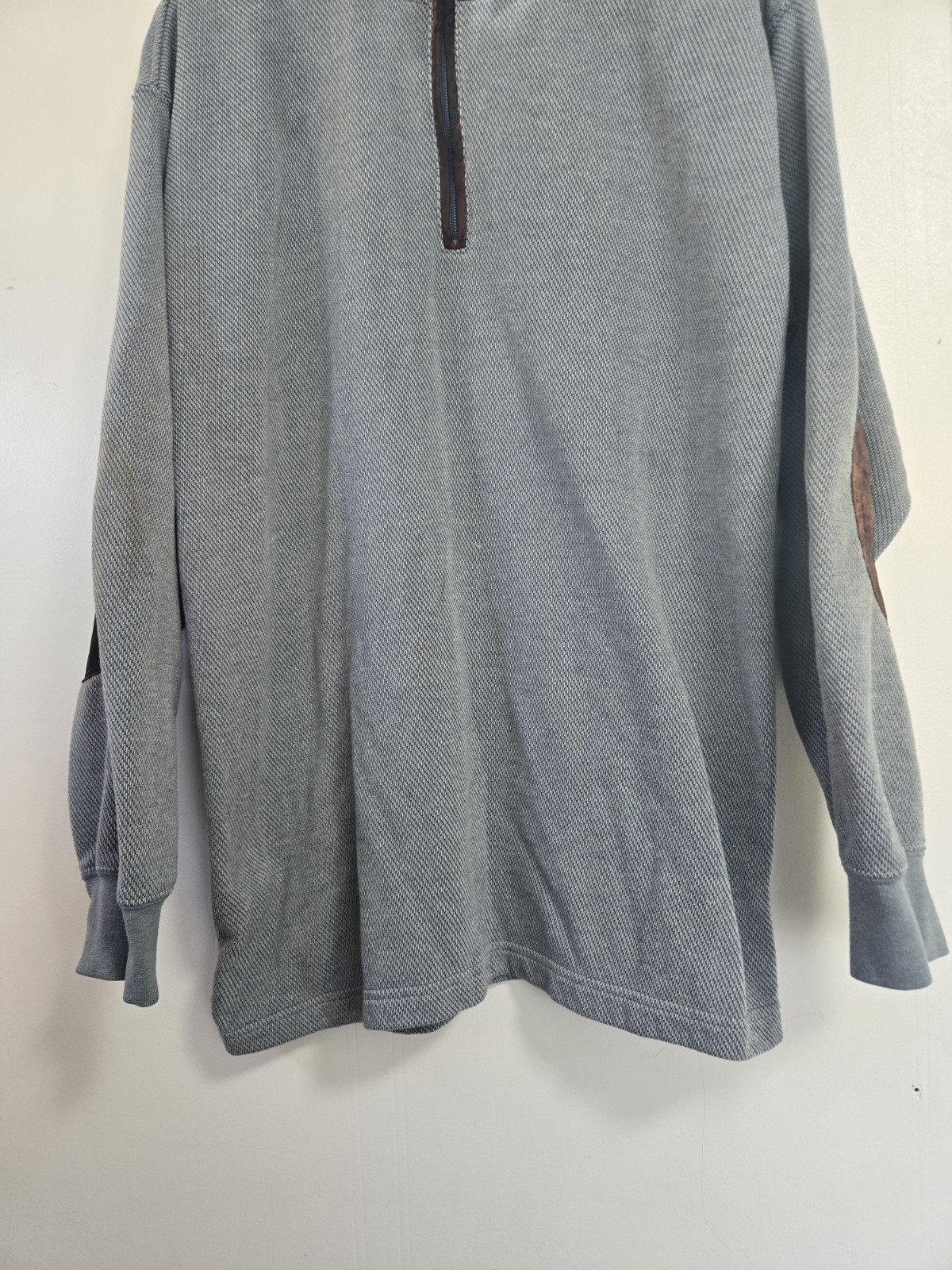 Orvis Sweater Mens Large Pullover 1/4 Zip Blue Grey Leather Elbow Pads Preppy