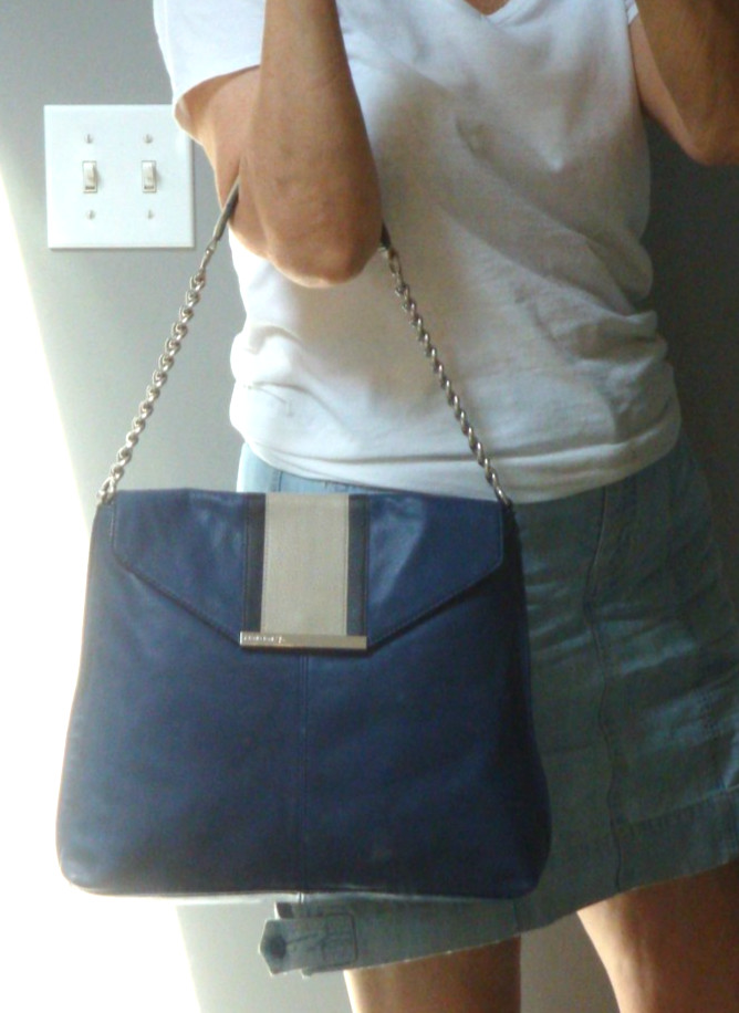 B MAKOWSKY Blue Leather Hobo Handbag Tote Purse Shoulderbag Chain Strap Large