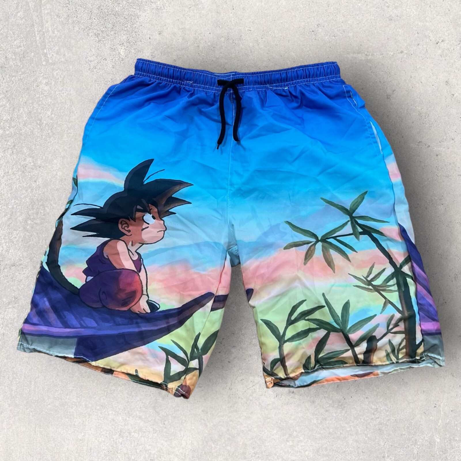 Dragon Ball Z Shorts Mens 26 Blue Ombré Swim Trunks Elastic Waist Goku Palm Tree