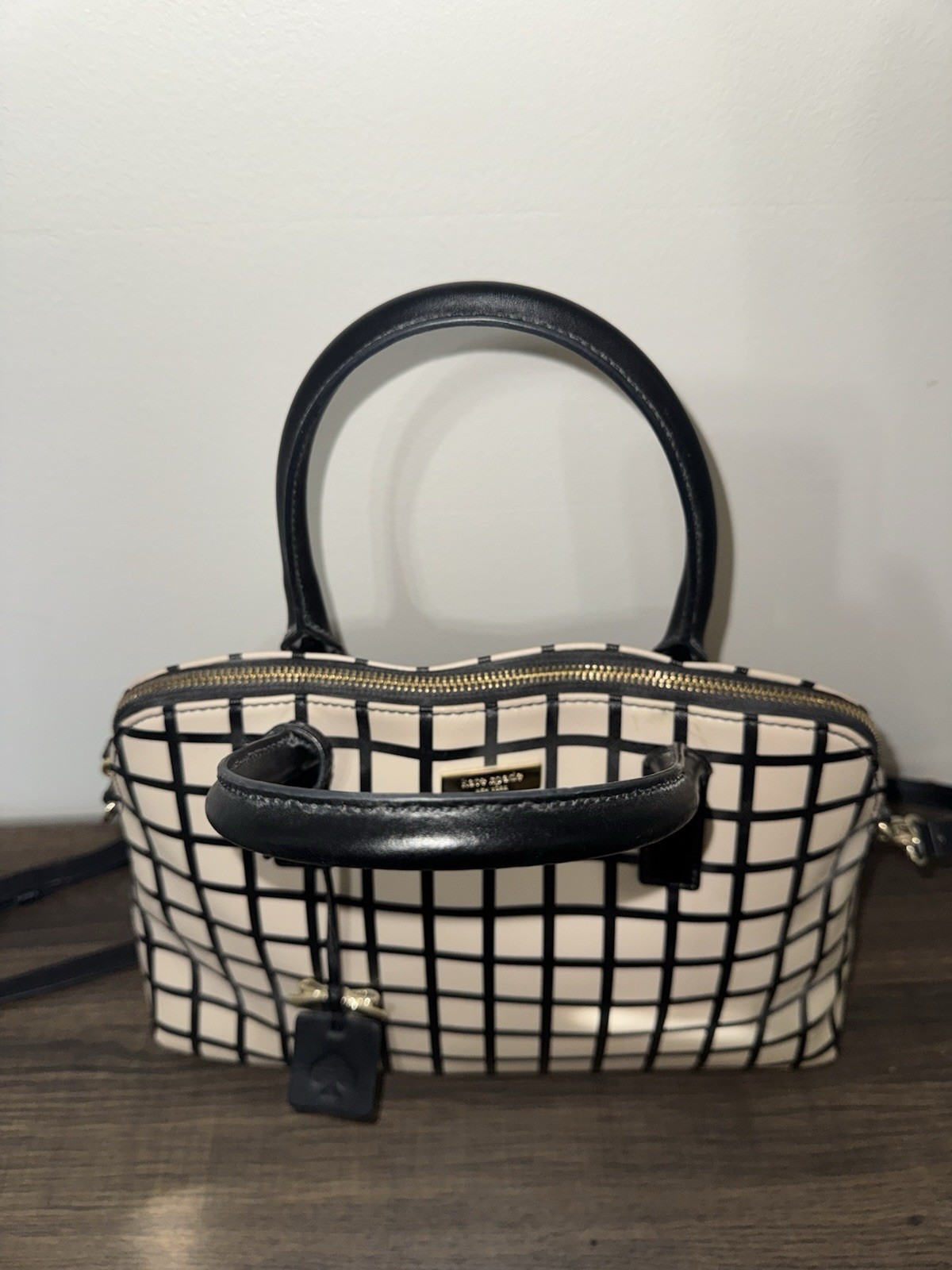 kate spade new york Cream Black Checkered Satchel Zip Detachable Strap Charm