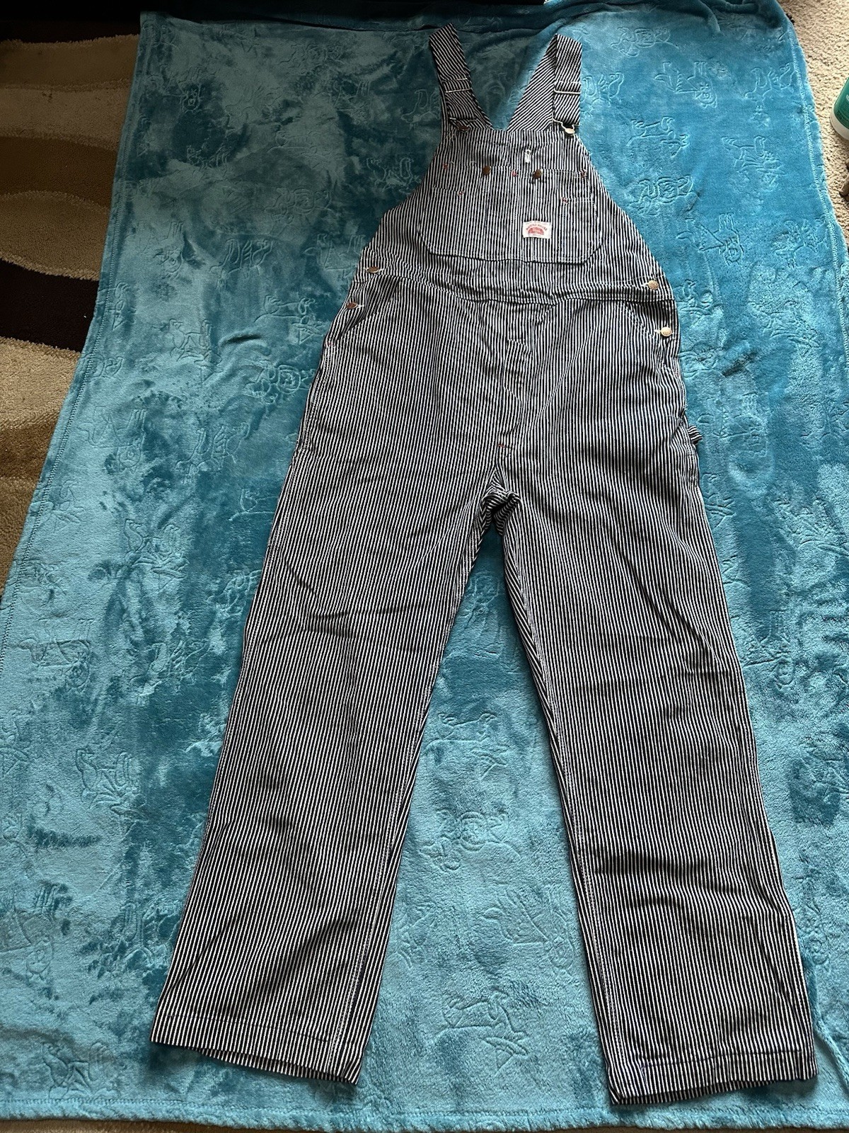 Round House Blue/White Stripe Cotton Denim Bib Overalls 36×34 Made in USA Lot 45