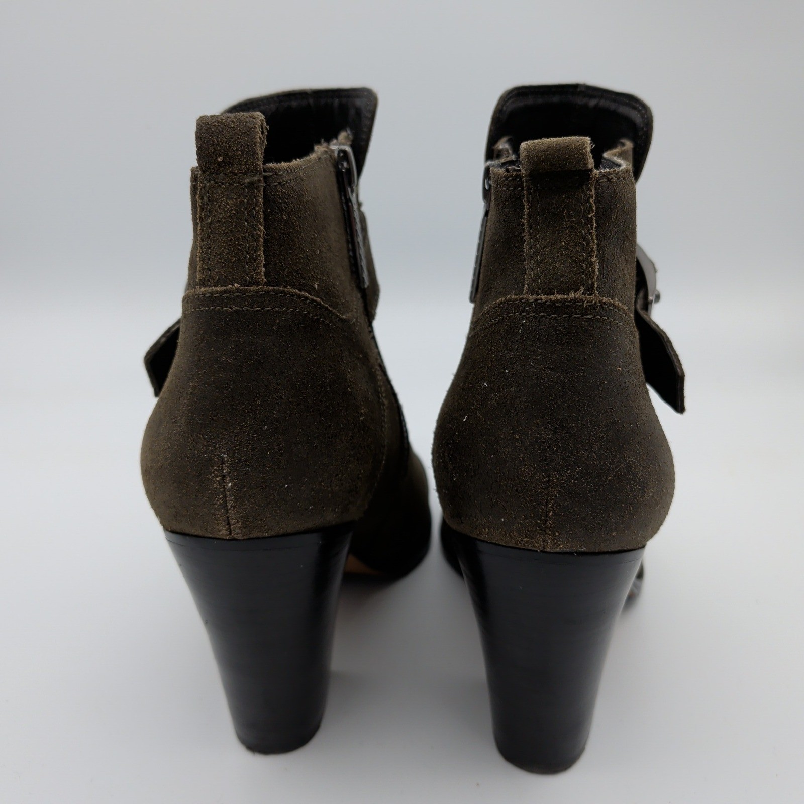 Donald Pliner Sage Suede Buckle Ankle Boots Women’s 9.5M Olive Brown Block Heel