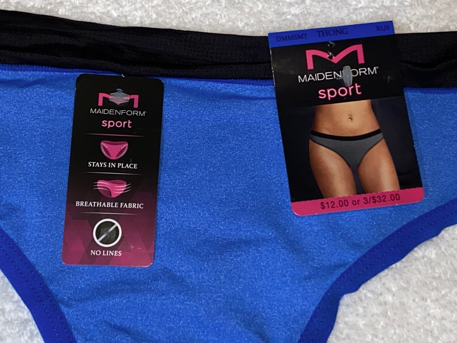 MAIDENFORM Sport Blue Black Breathable Thong Panty Womens S 5 M 6 L 7 XL 8 2XL 9