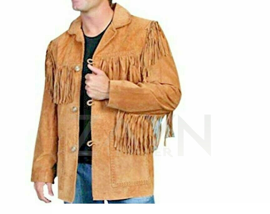 Men’s Western Style Real Suede Jacket Soft Brown Leather Fringes Cowboy Jacket