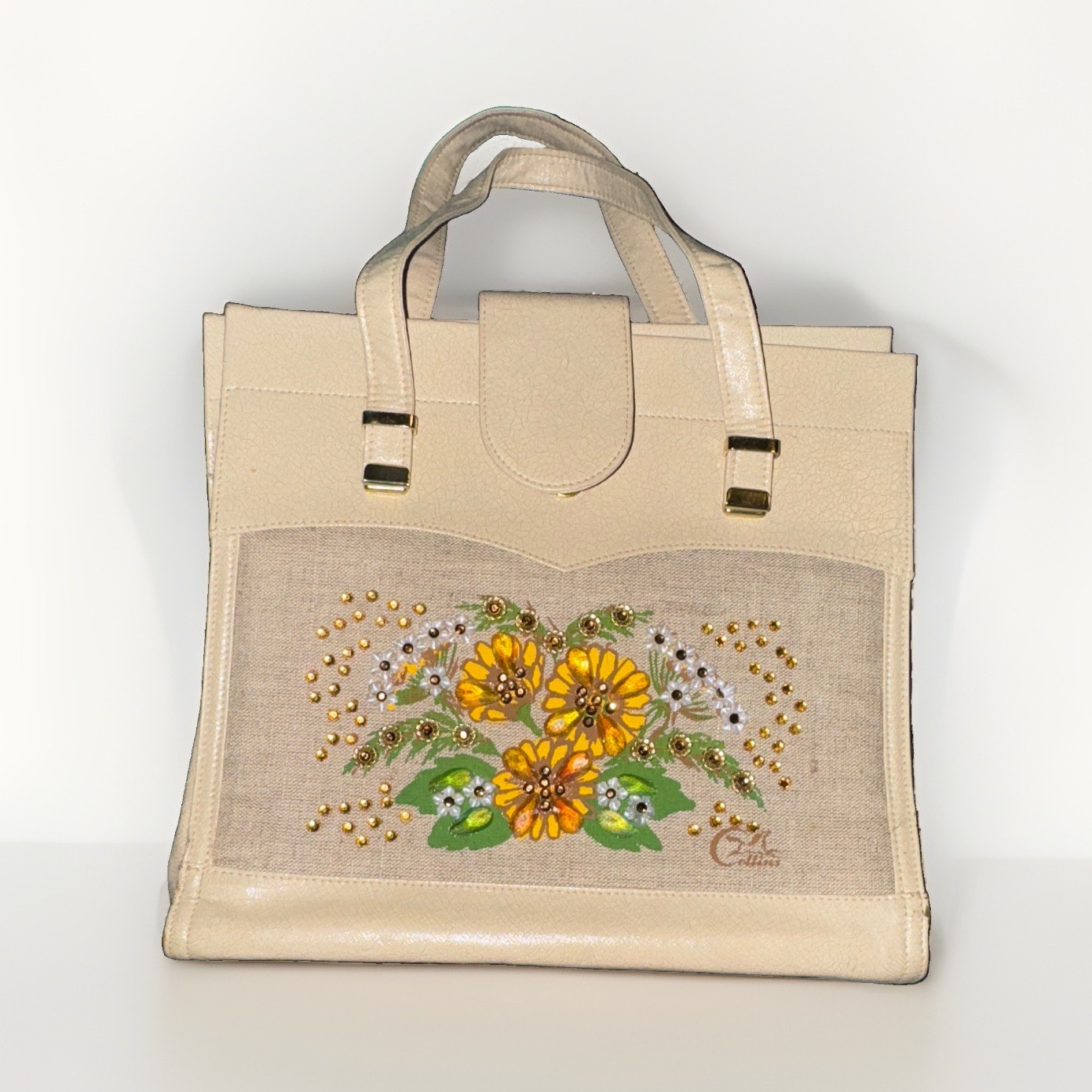 Beige Floral Beaded Embroidered Women’s Tote Bag Snap Closure Lined Pockets