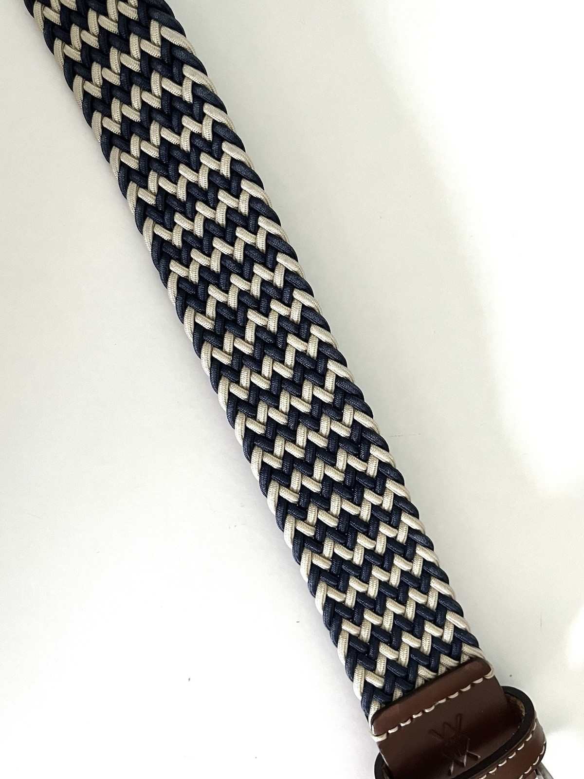 Martin Dingman Leather End Belt Beige Navy Tan Braided Woven Rope Size 34