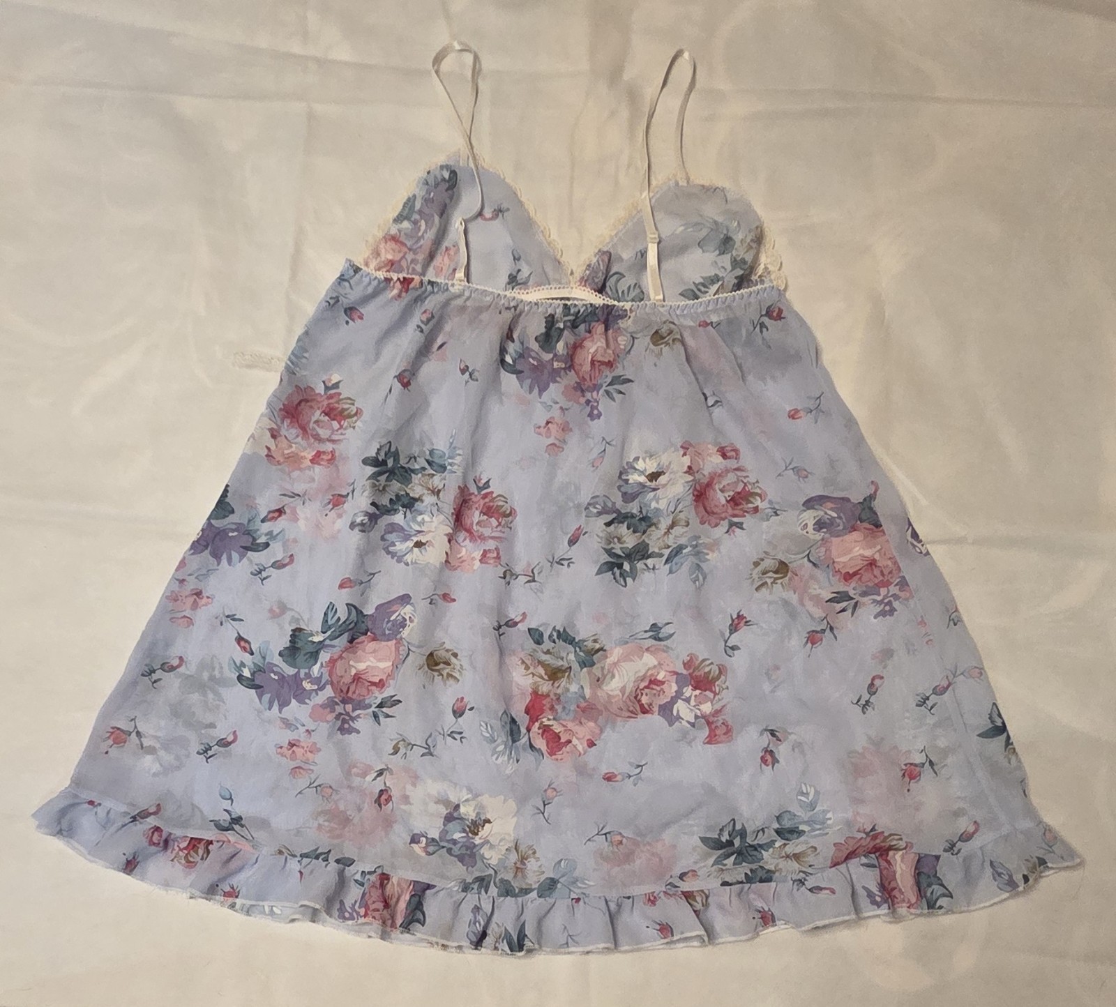 Women’s Size L Light Blue Floral Translucent Lace Trim Thin Strap Nightgown