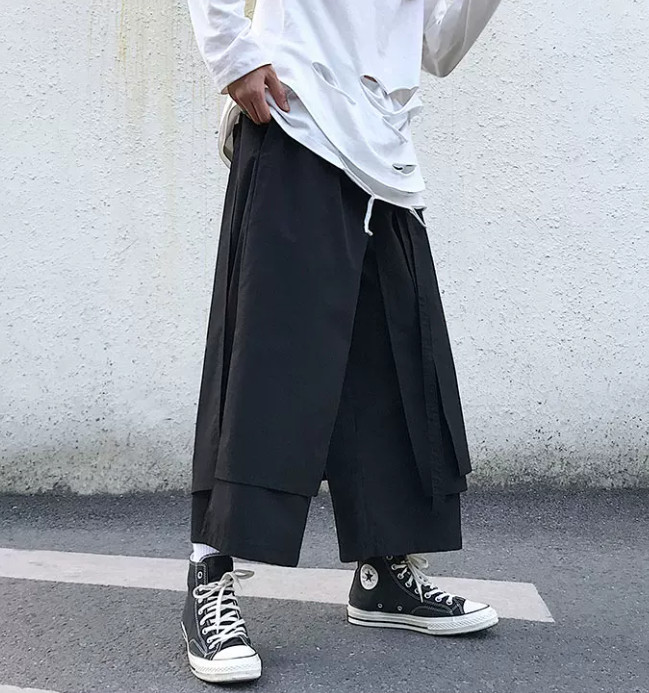 Dark Men’s Pantskirt Wide Leg Trousers Straight Leg Loose Fit 3/4 Pants sTREET