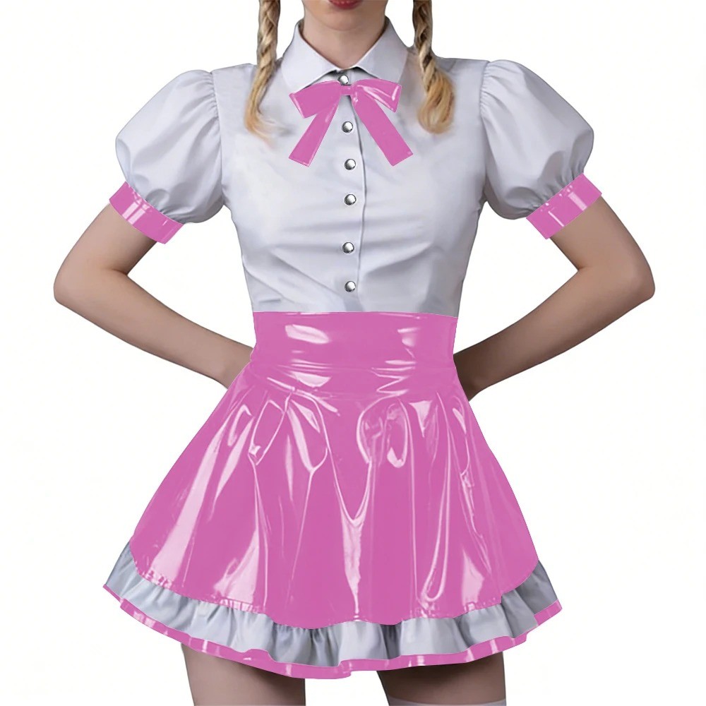 Women Vinyl PVC Bodycon Maid Sets Sweet Sexy Top Party Cosplay Unifom Skirt