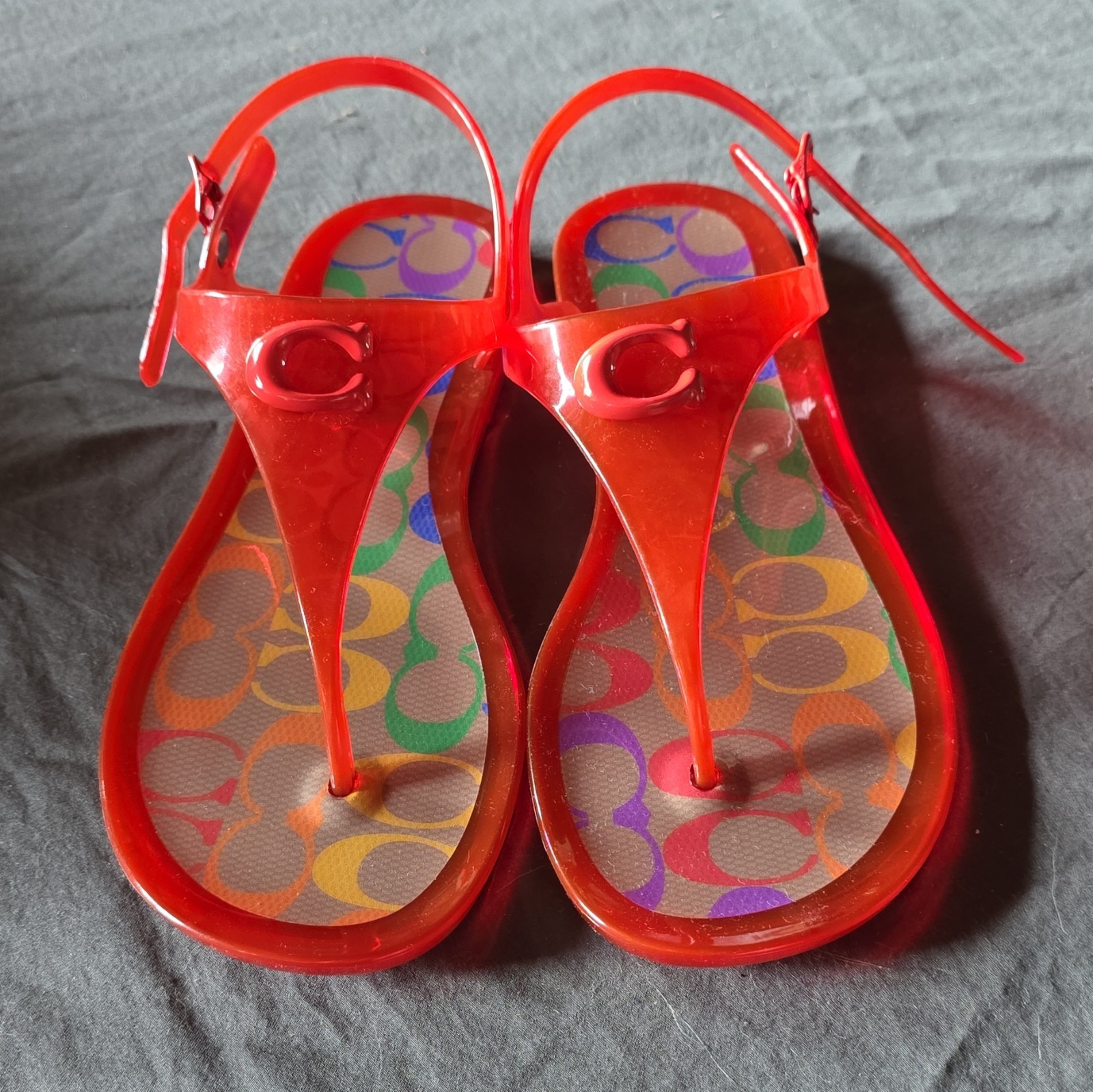 Coach Signature Red Jelly Thong Sandals Ankle Strap Buckle Women’s US 7 B