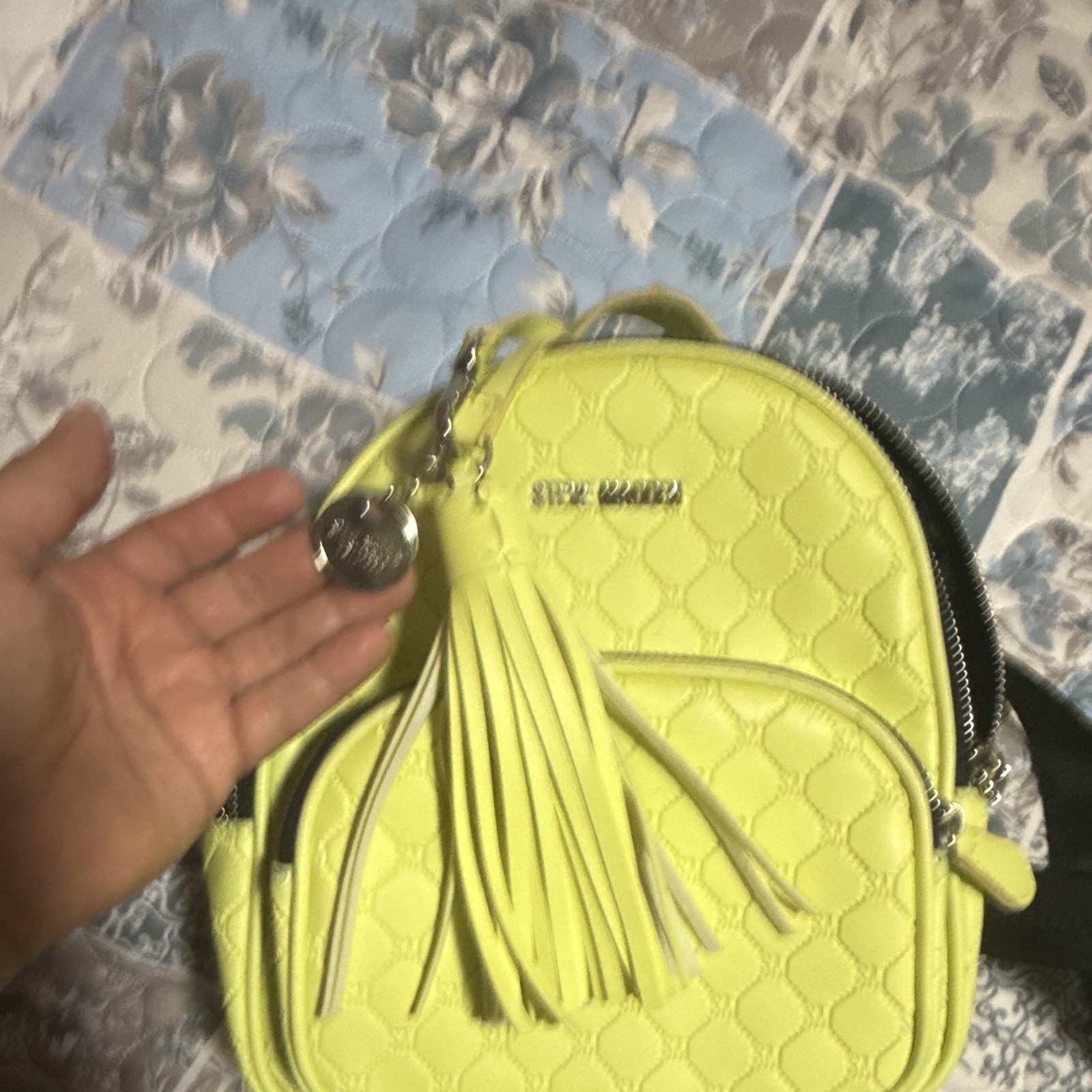 Steve Madden Green Mini Logo Backpack Tassel Bag Charm Zip Adjustable Straps