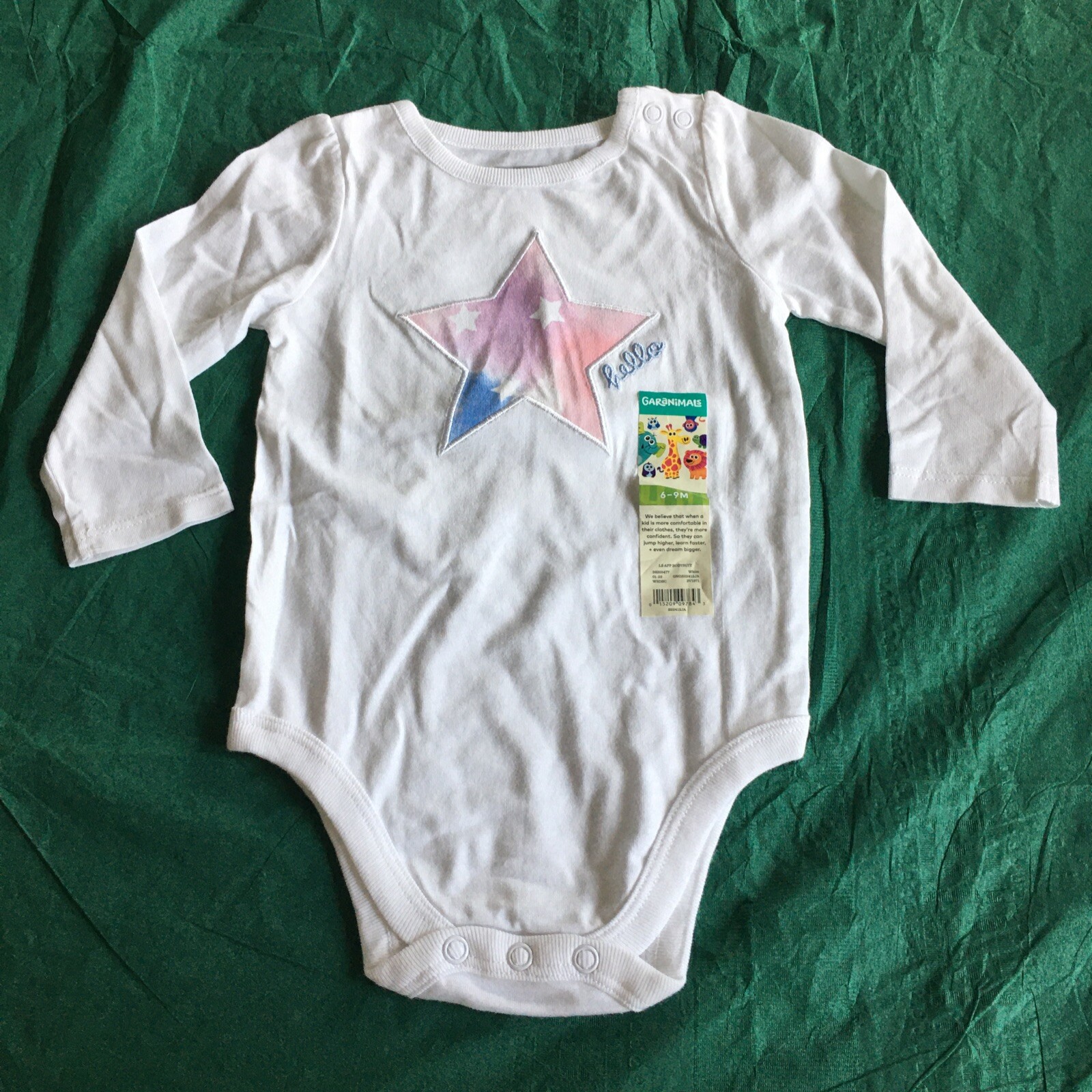 NWT Garanimals White Long Sleeve Embroidered Star “Hello” One Piece 6-9 Months
