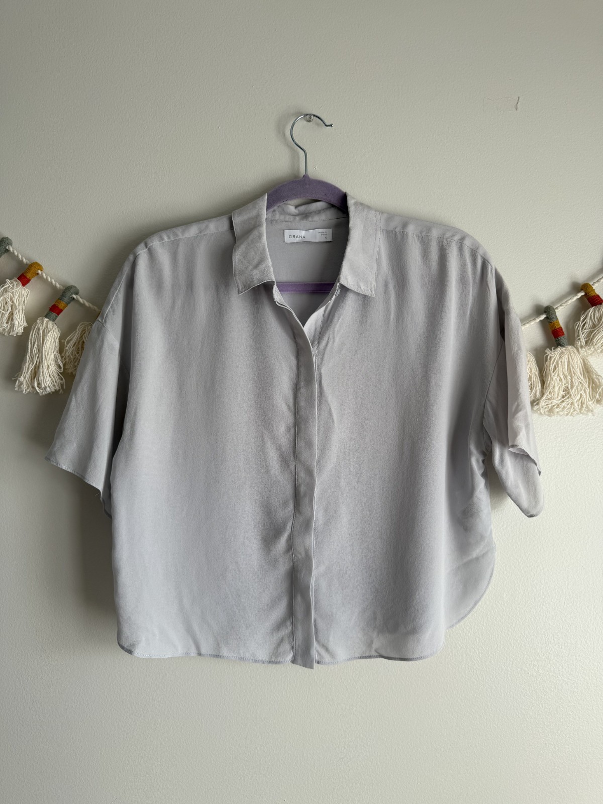 Grana 100% Silk Gray Boxy Button Down Top Timeless Modest Minimalist Basics S