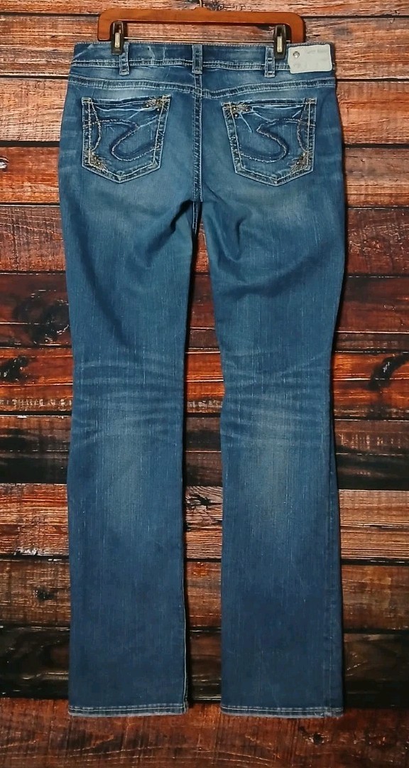 Silver Jeans 32 14 Long Suki Mid Straight Dark Wash Distressed Denim Stretch