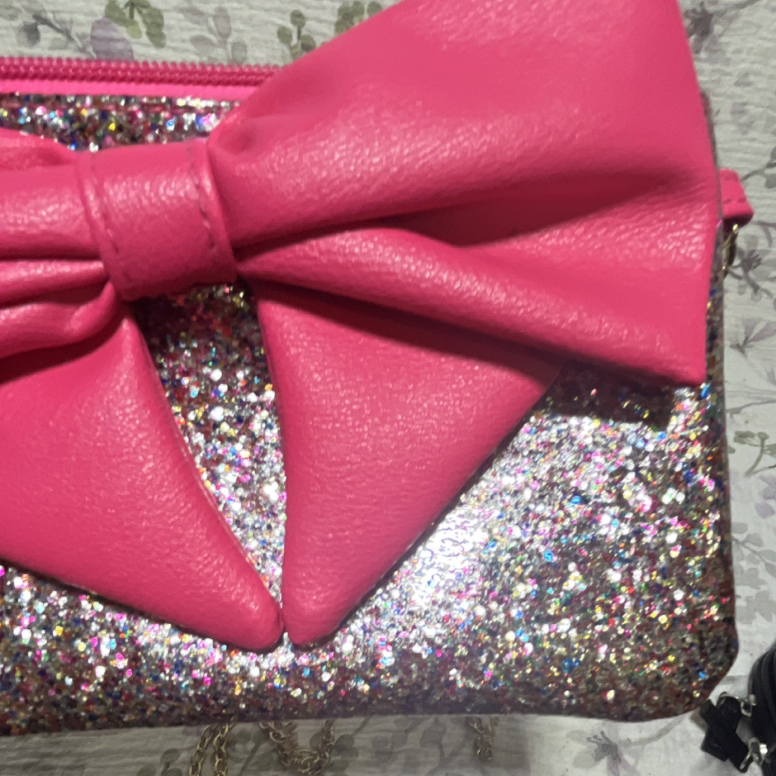 Pink Glitter Bow Crossbody Clutch Zip Closure Gold Chain Strap Lined