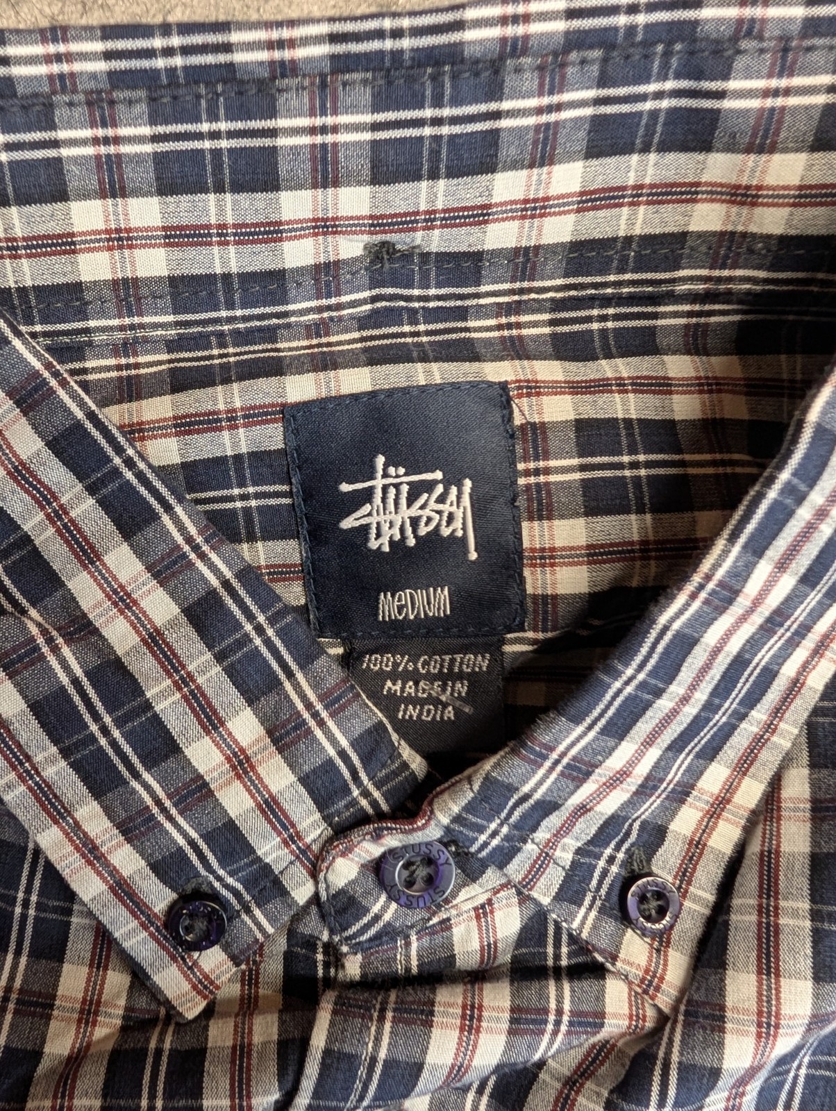 Stussy Shirt Mens Medium Navy Plaid Long Sleeve Button Down Read