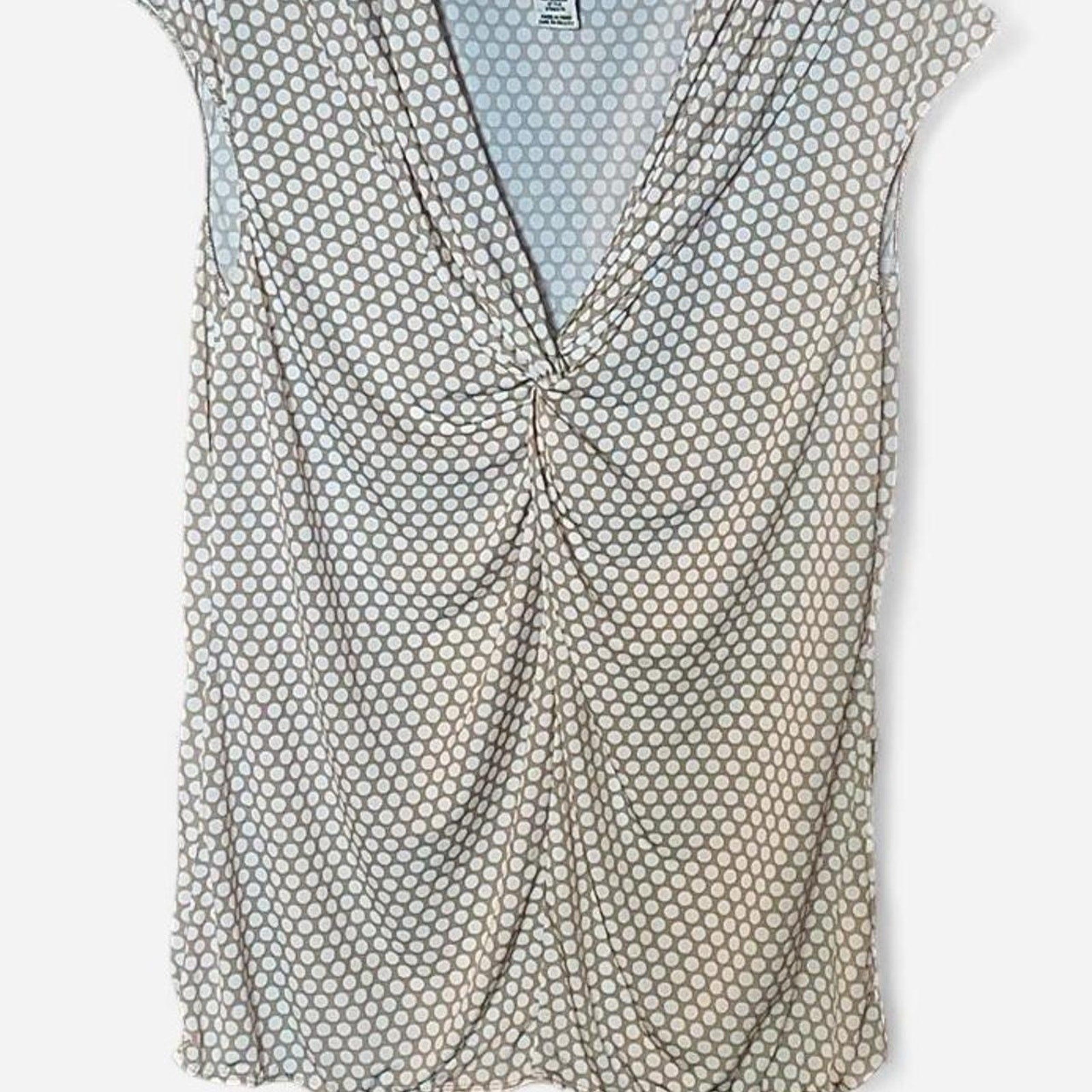 Max Studio Beige White Polka Dot V-Neck Cap Sleeve Babydoll Top – Size L