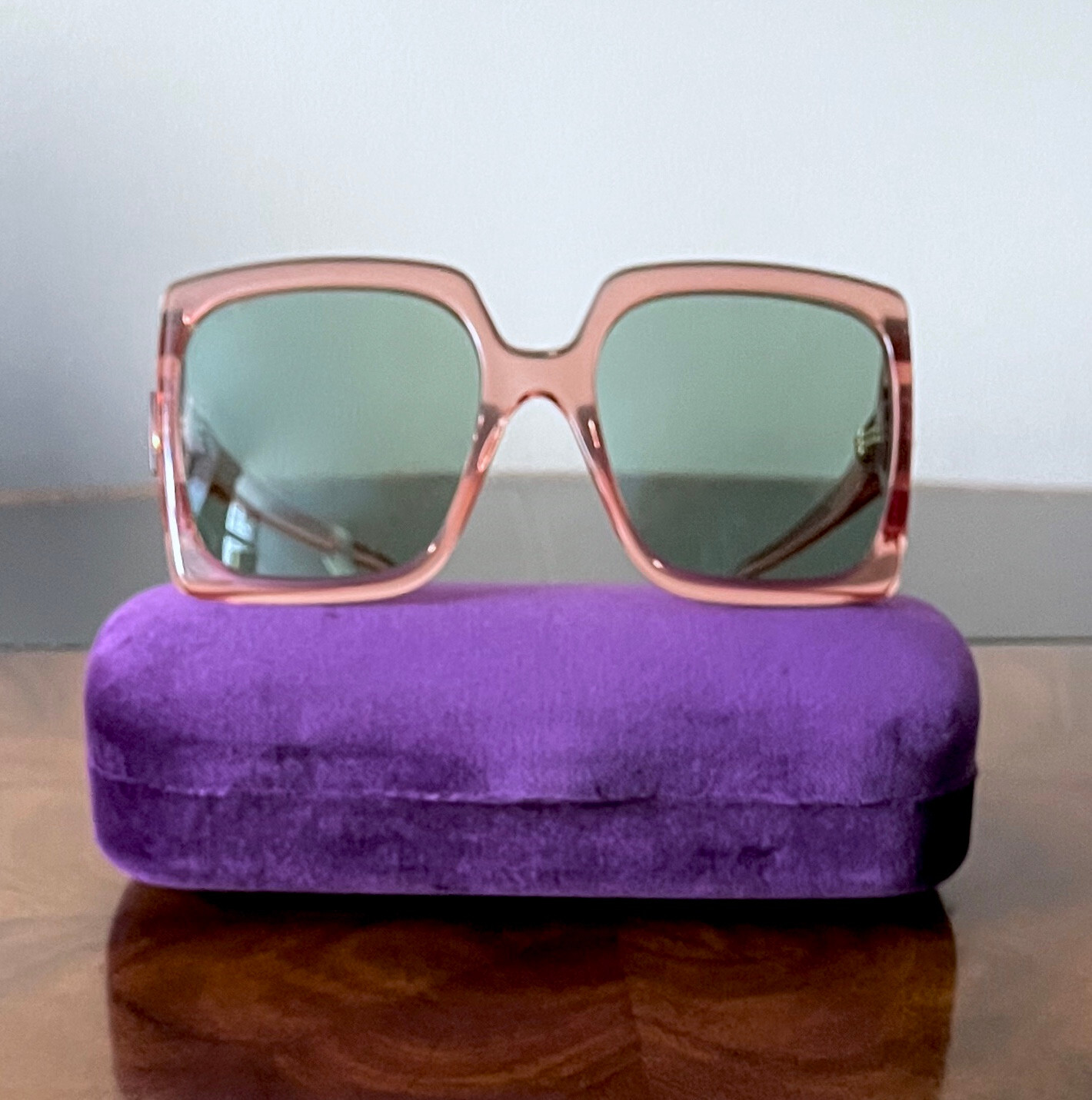 GUCCI Oversized 60mm Square Light-Injected PINK Frame Green Lens Sunglasses $450