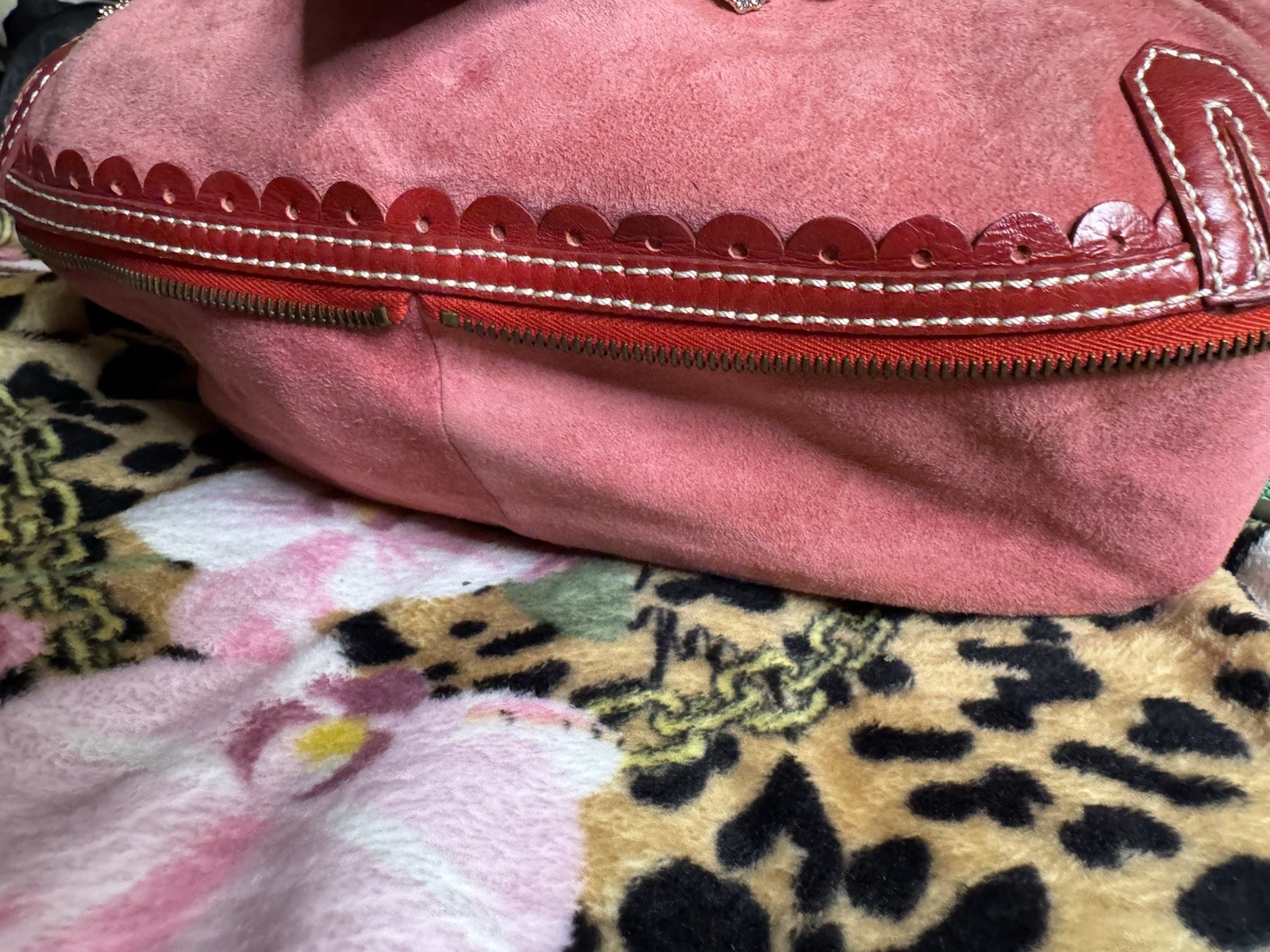 Isabella Fiore Pink/Red Shoulder Bag Top Handle Zip Buckle Beaded Chain Charm