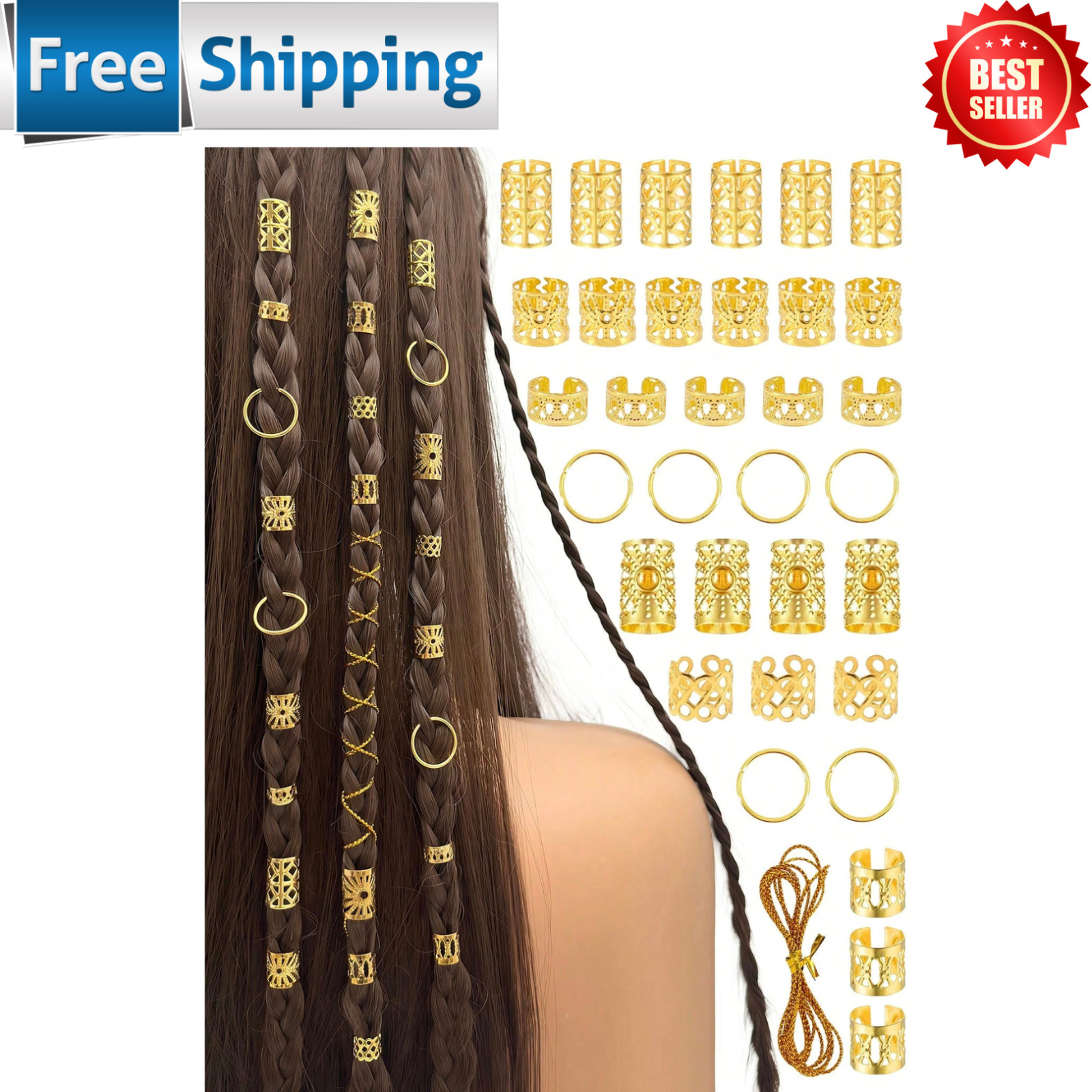 80pcs Dreadlock Beads Locks Accessories Gold Tone Hair Cuffs Rings Braids Boho