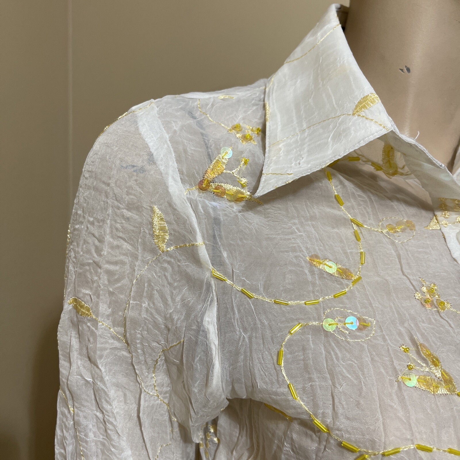 Women’s Ivory Polyester Sheer Yellow Embroidering Beaded Size L Button Up Top
