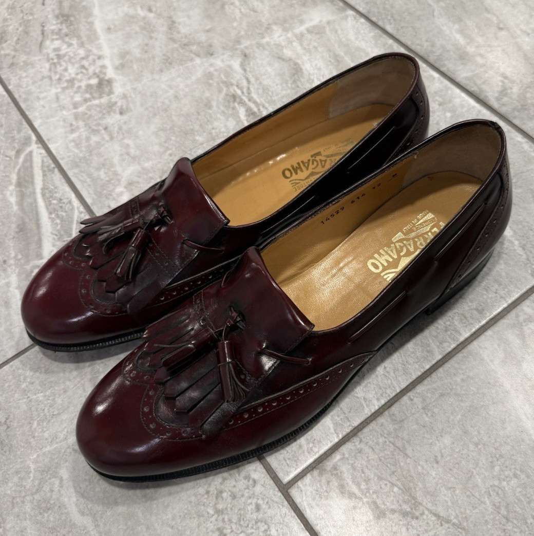 Salvatore Ferragamo Men’s Burgundy Leather Tassel Brogue Loafers US 12 B