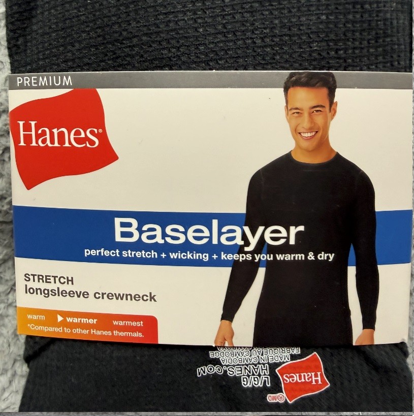 Hanes Baselayer Shirt Mens L 42-44 Black Stretch Longsleeve Crewneck Thermal