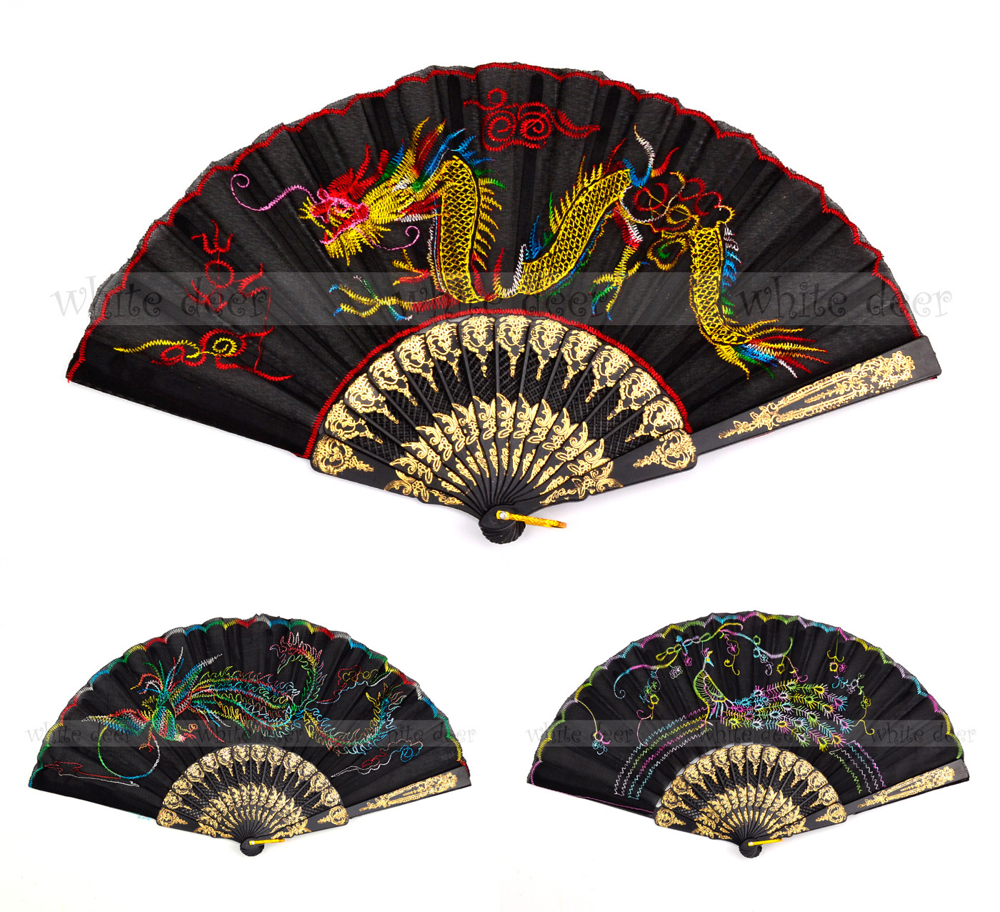 12 PCs Dragon Phenix Peacock Embroidery Cloth Fabric Plastic Folding Hand Fan