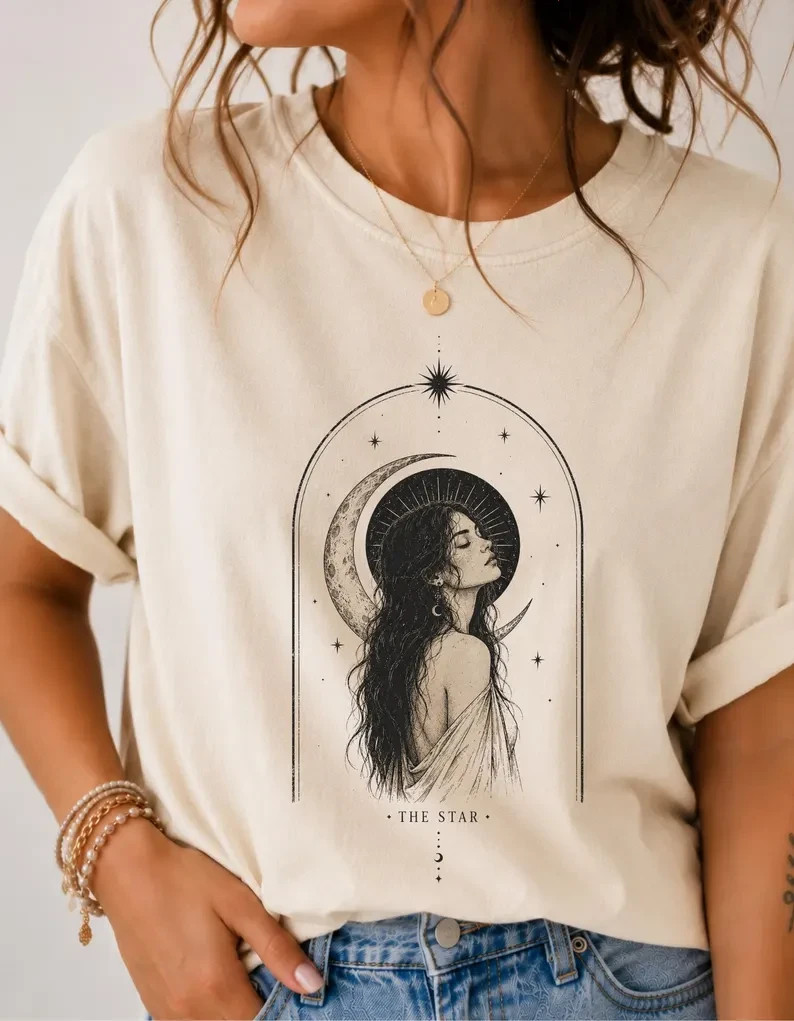 The Star Tarot Shirt Vintage Celestial Woman Tee Minimal Mystic Graphic Tshirt