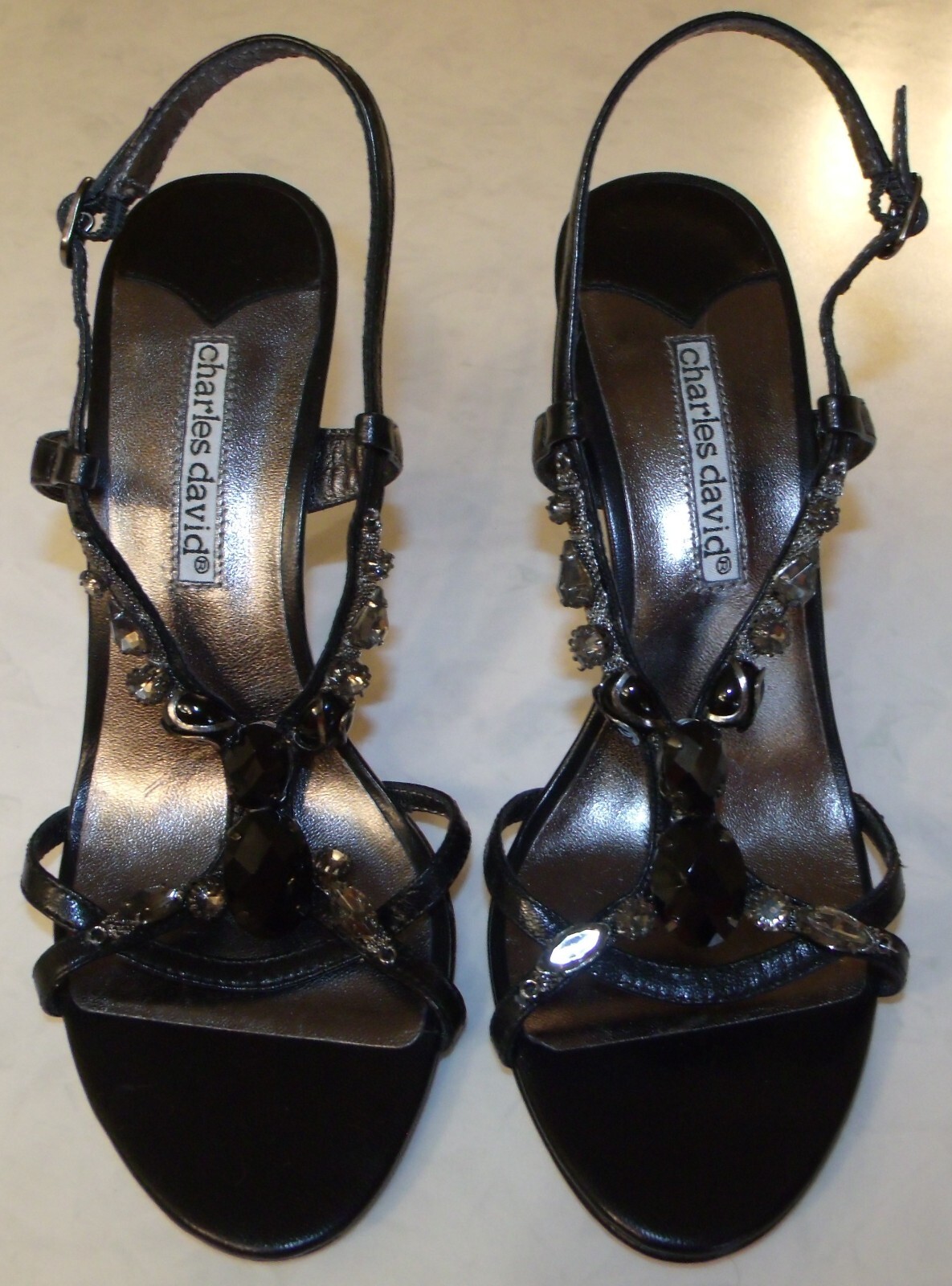 CHARLES DAViD black silver stone gem embellished strappy sandal hi heel dance 7