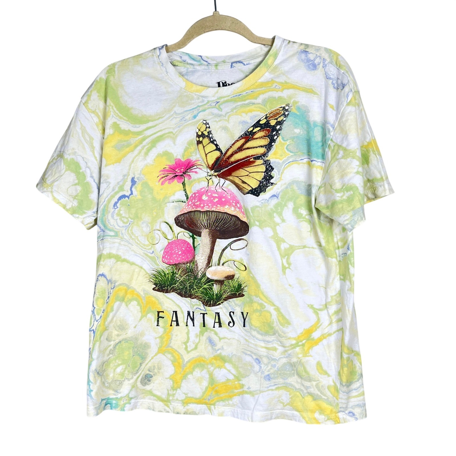 The Mountain Fantasy Mushroom Butterfly Graphic Tee Womens Large Tie Dye Yellow