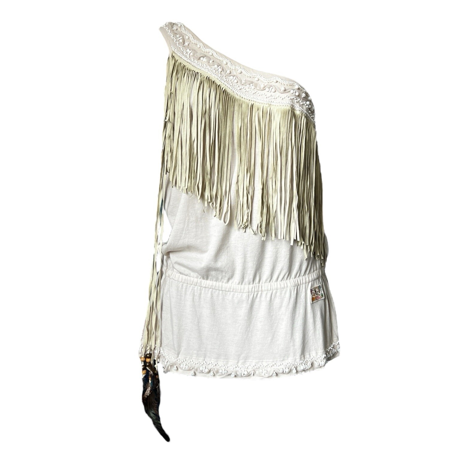 Dolce & Gabbana Vintage One-Shoulder Beaded Feather Top (IT42)