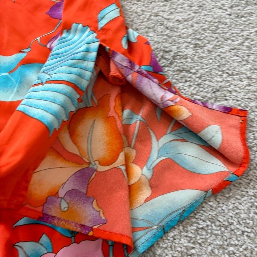 Natori Satin Kimono Caftan Womens XL Orange Floral Tunic Asian Inspired
