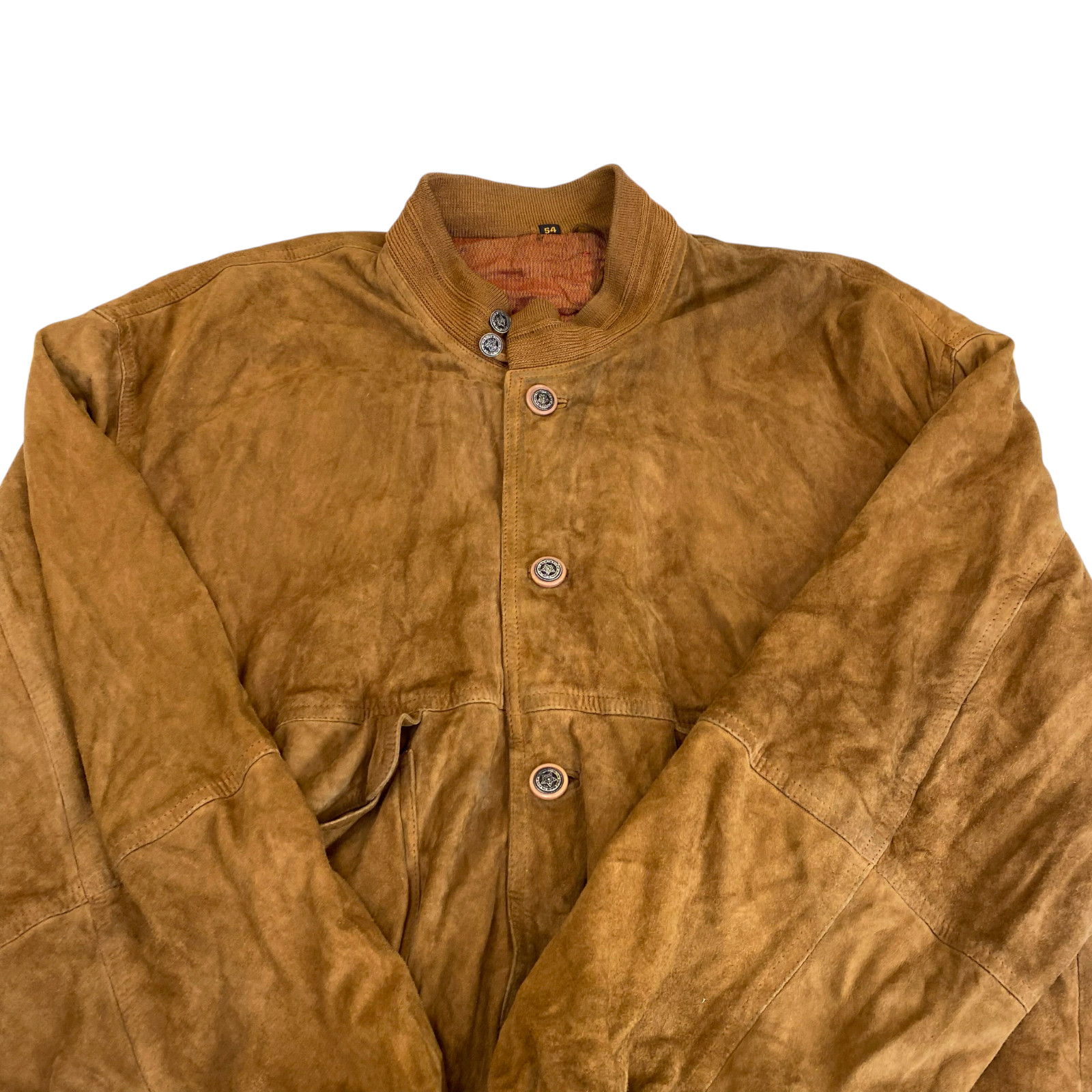 Bomber Jacket Mens L Brown Suede Leather Flap Pockets Long Sleeve Full Zipper
