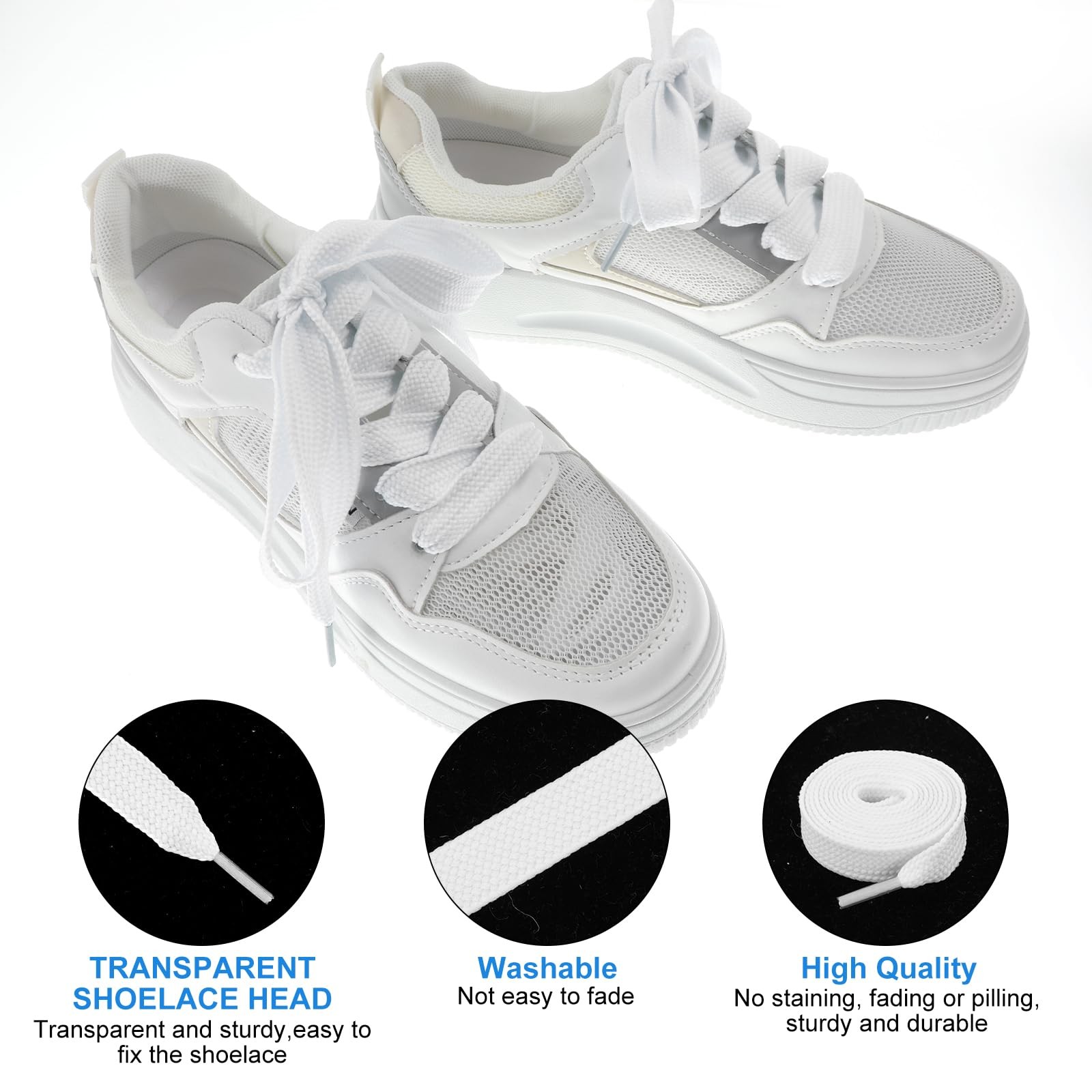 2 Pairs Fat White Shoe Laces for Sneakers, 3/4 2cm Wide Thick White Athletic